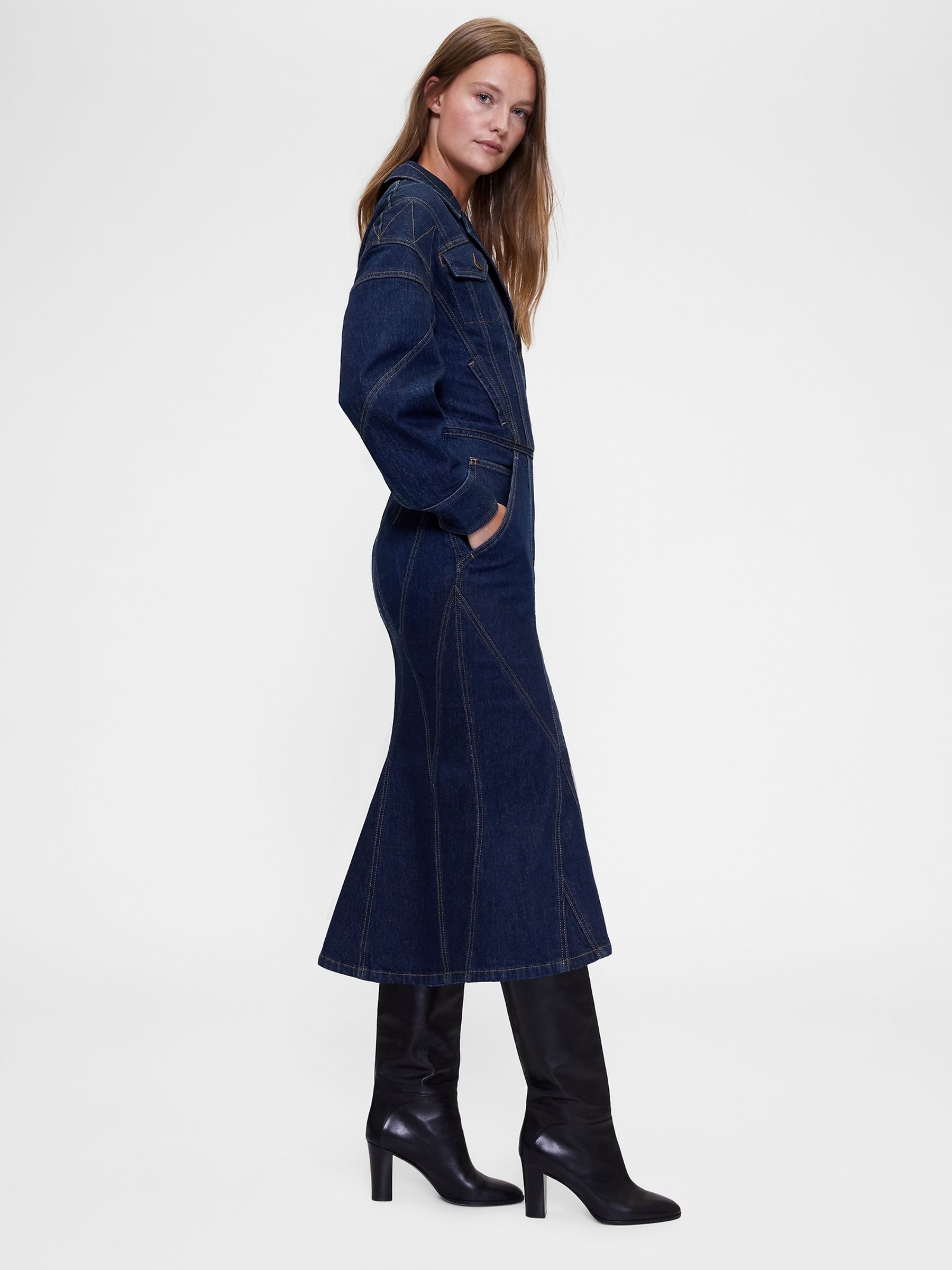 Dark Wash Blue Seamed Denim Midi Shirt Dress - Image 3 of 5