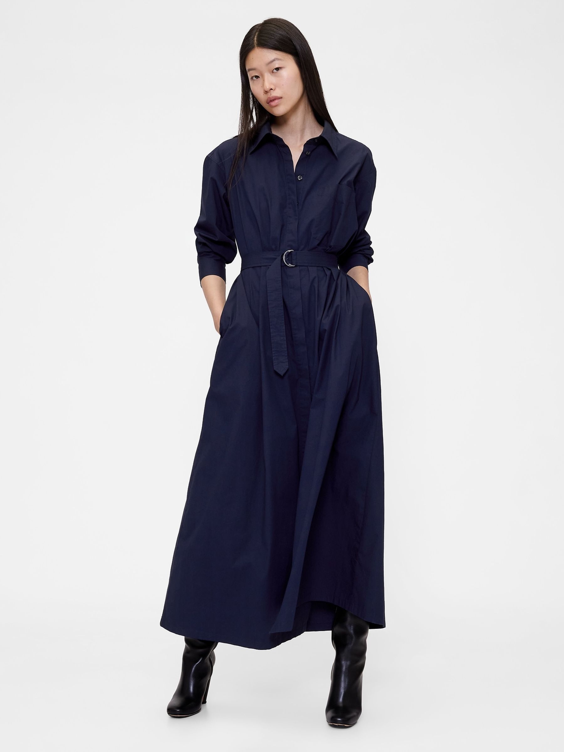 Navy Poplin Belted Maxi Shirt Dress - Image 1 of 4