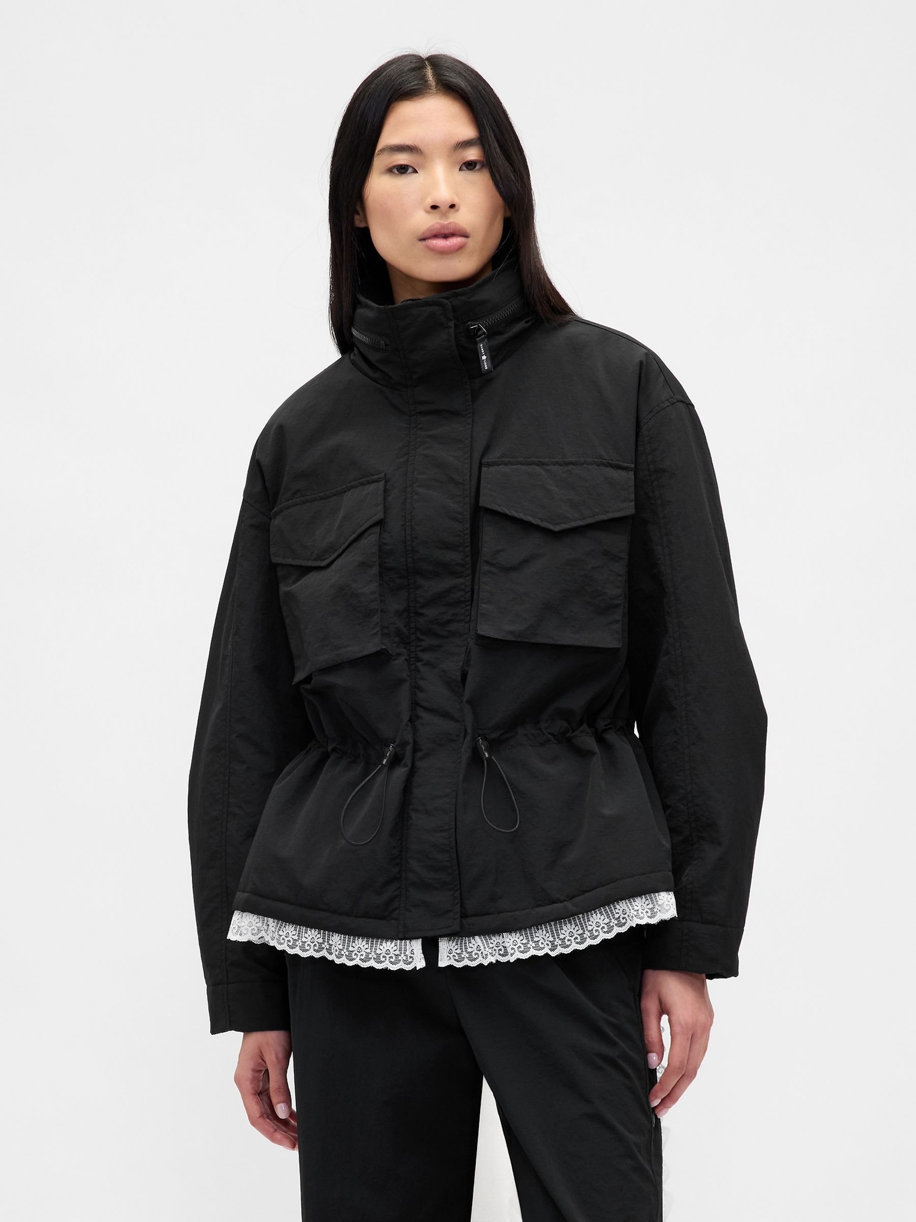 Black Sandy Liang Lace-Trim Cinched Jacket | Gap