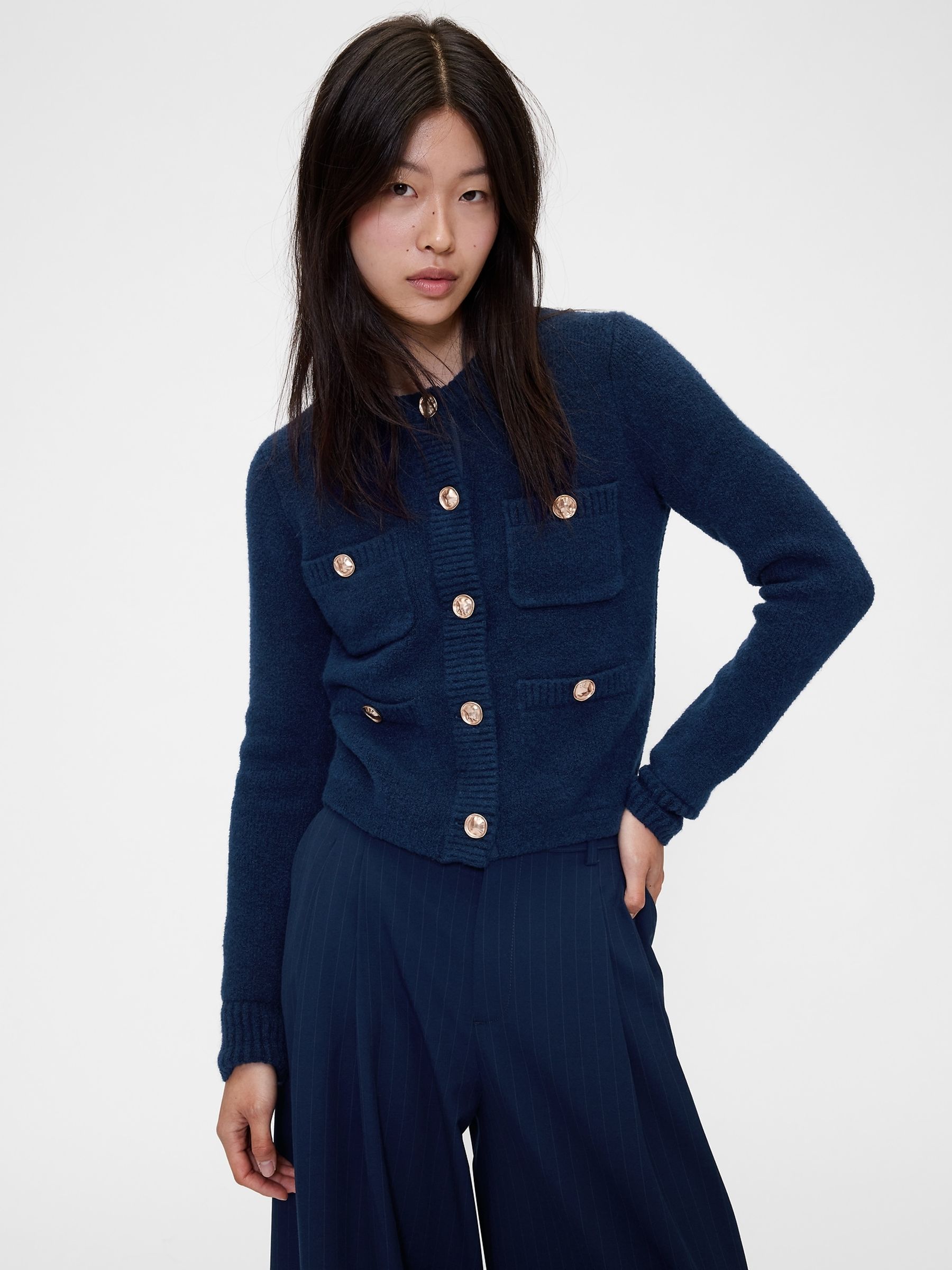 Navy Blue Cropped Cardigan - Image 1 of 5