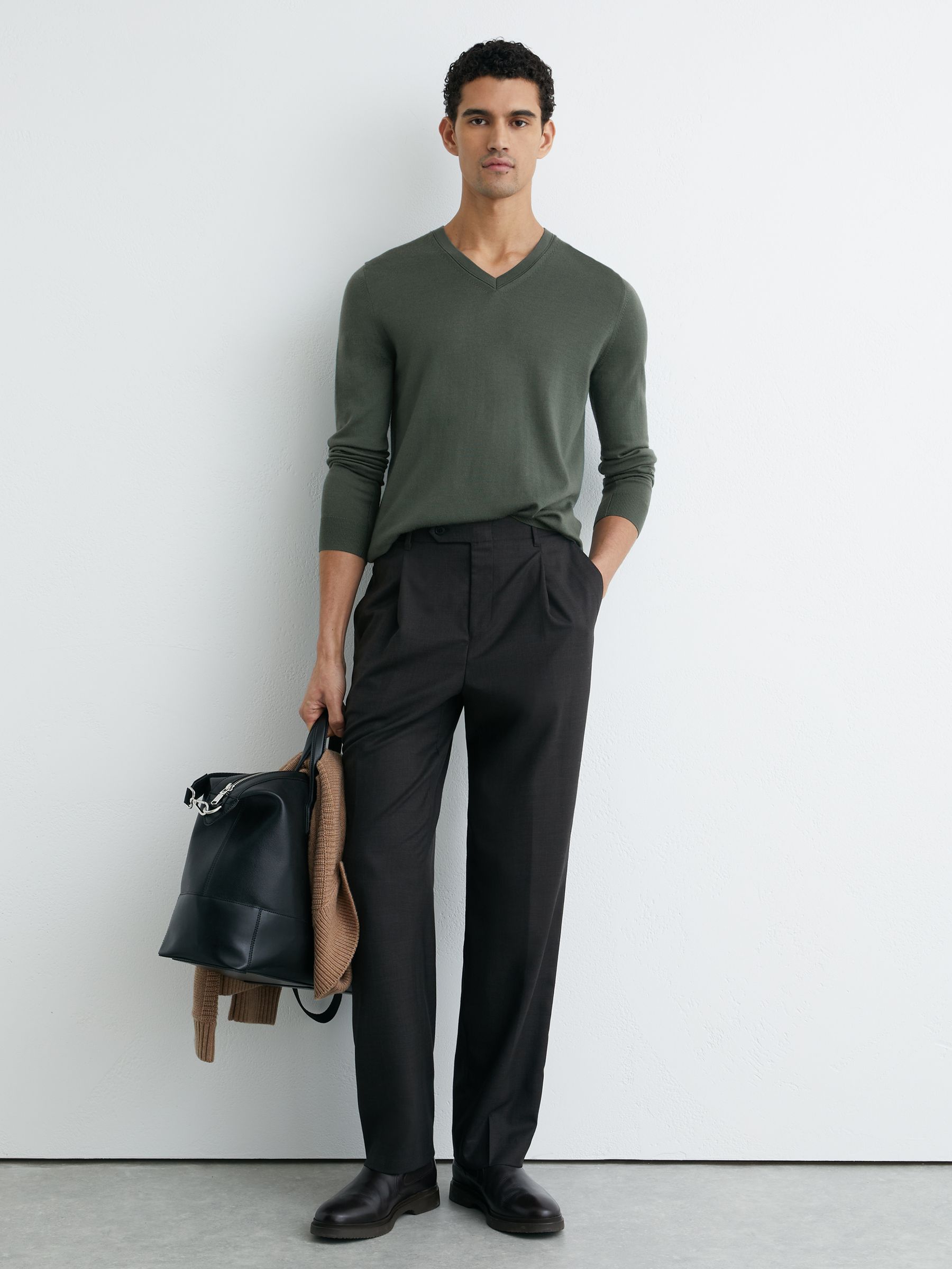 Wool V-Neck Jumper in Kale Green - image 2