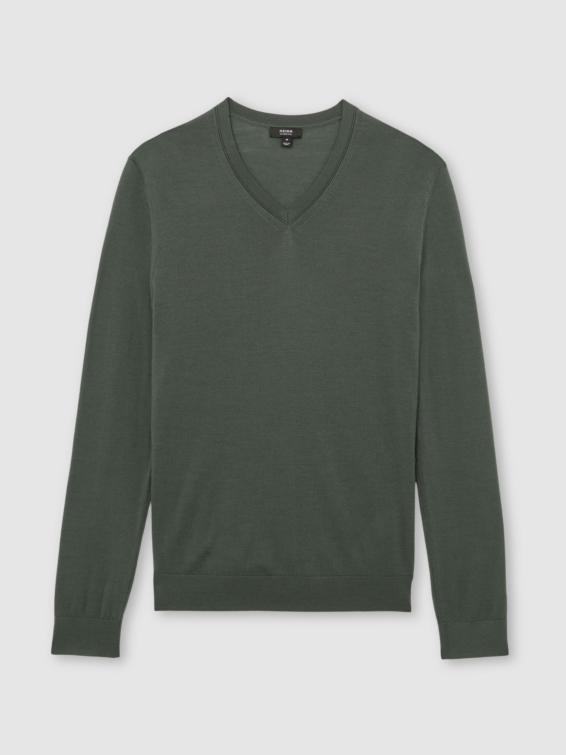 Merino Wool V-Neck Jumper in Kale Green - Image 2 of 6