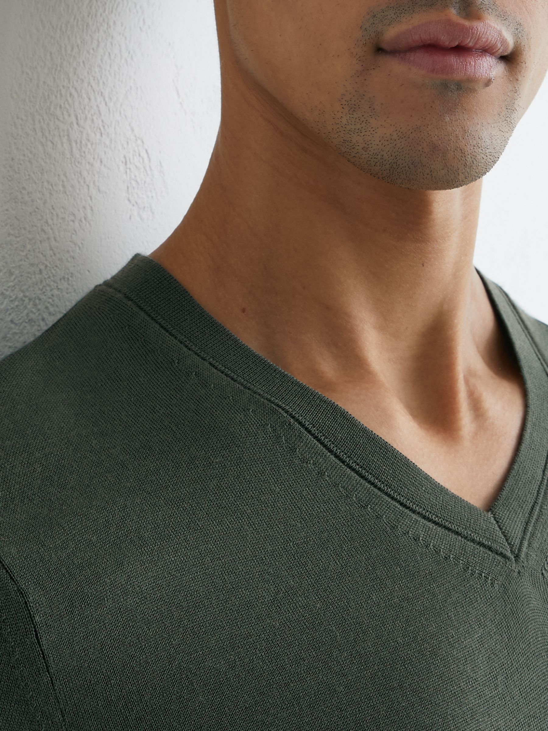 Merino Wool V-Neck Jumper in Kale Green - Image 3 of 6