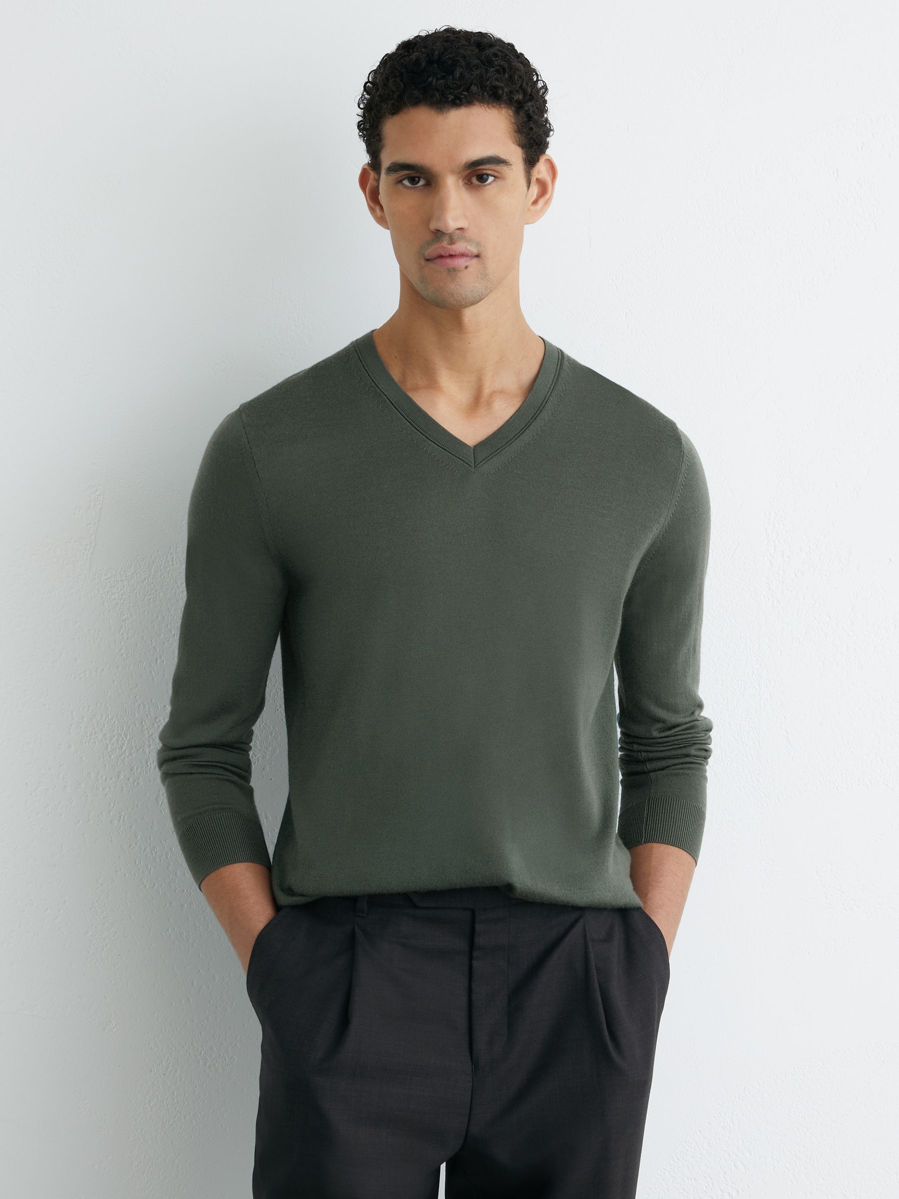 Merino Wool V-Neck Jumper in Kale Green - Image 4 of 6