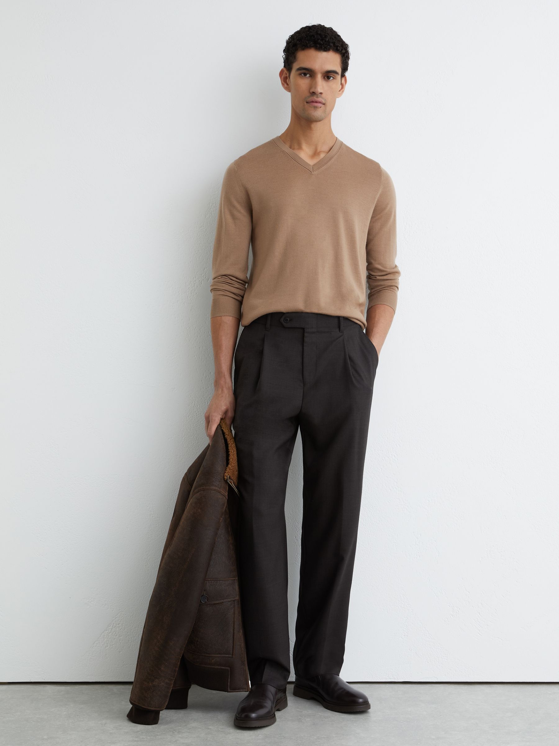 Merino Wool V-Neck Jumper in Camel Brown - Image 1 of 6