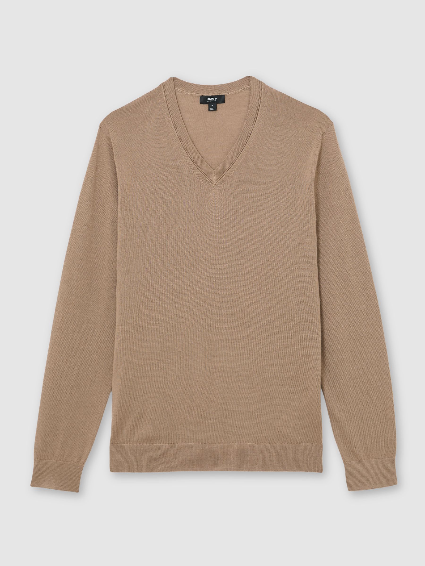 Merino Wool V-Neck Jumper in Camel Brown - Image 2 of 6