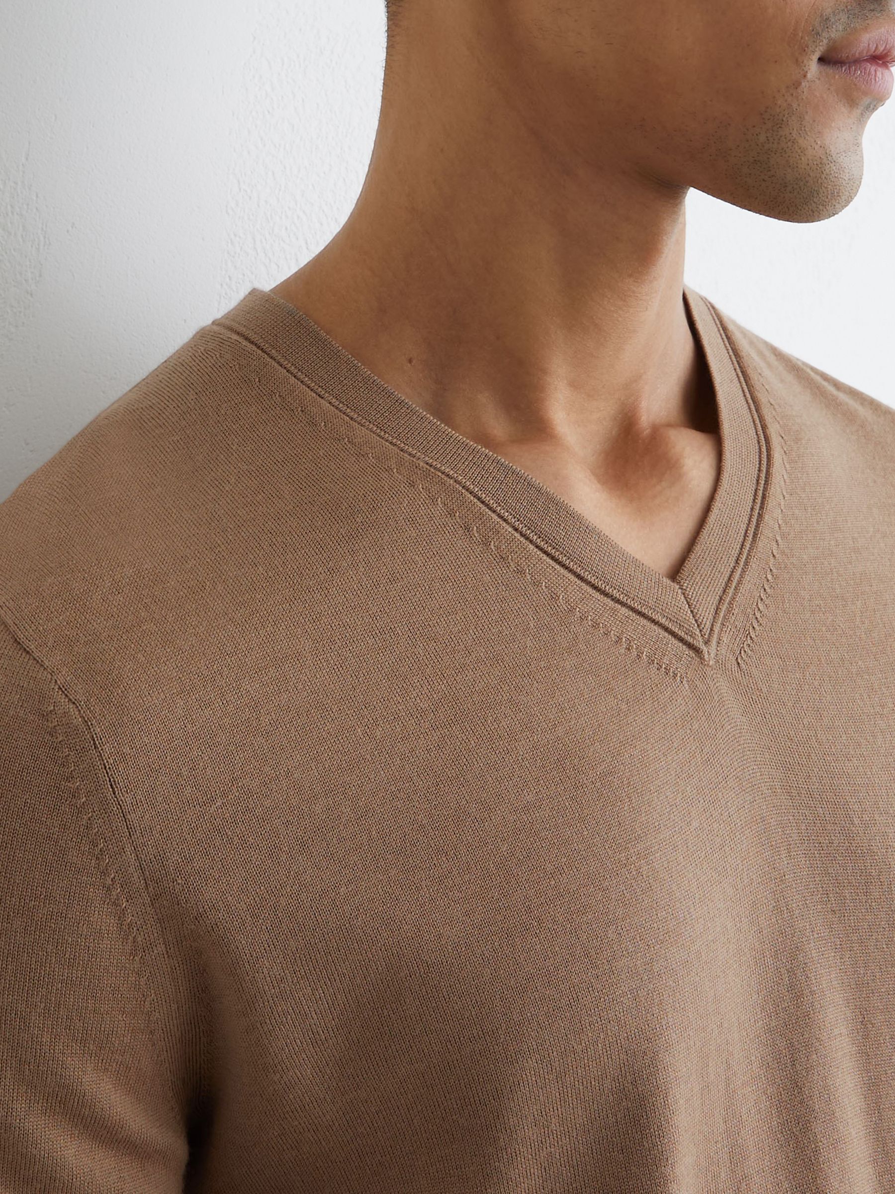 Merino Wool V-Neck Jumper in Camel Brown - Image 3 of 6