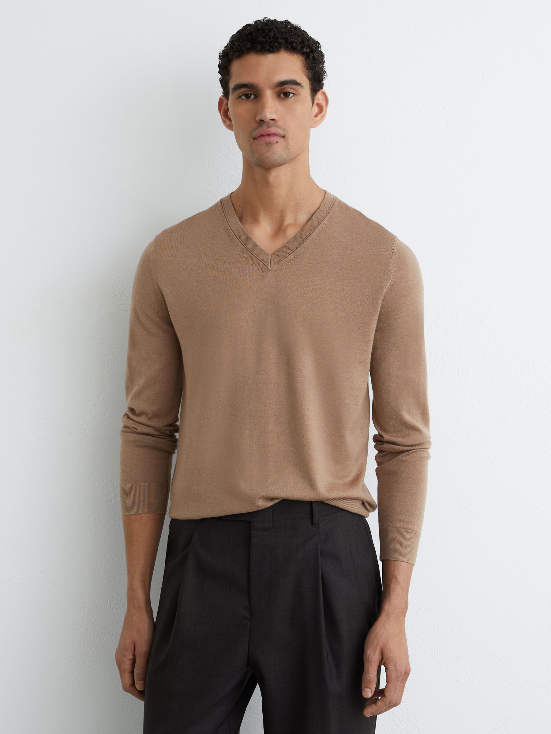 Merino Wool V-Neck Jumper in Camel Brown - Image 4 of 6
