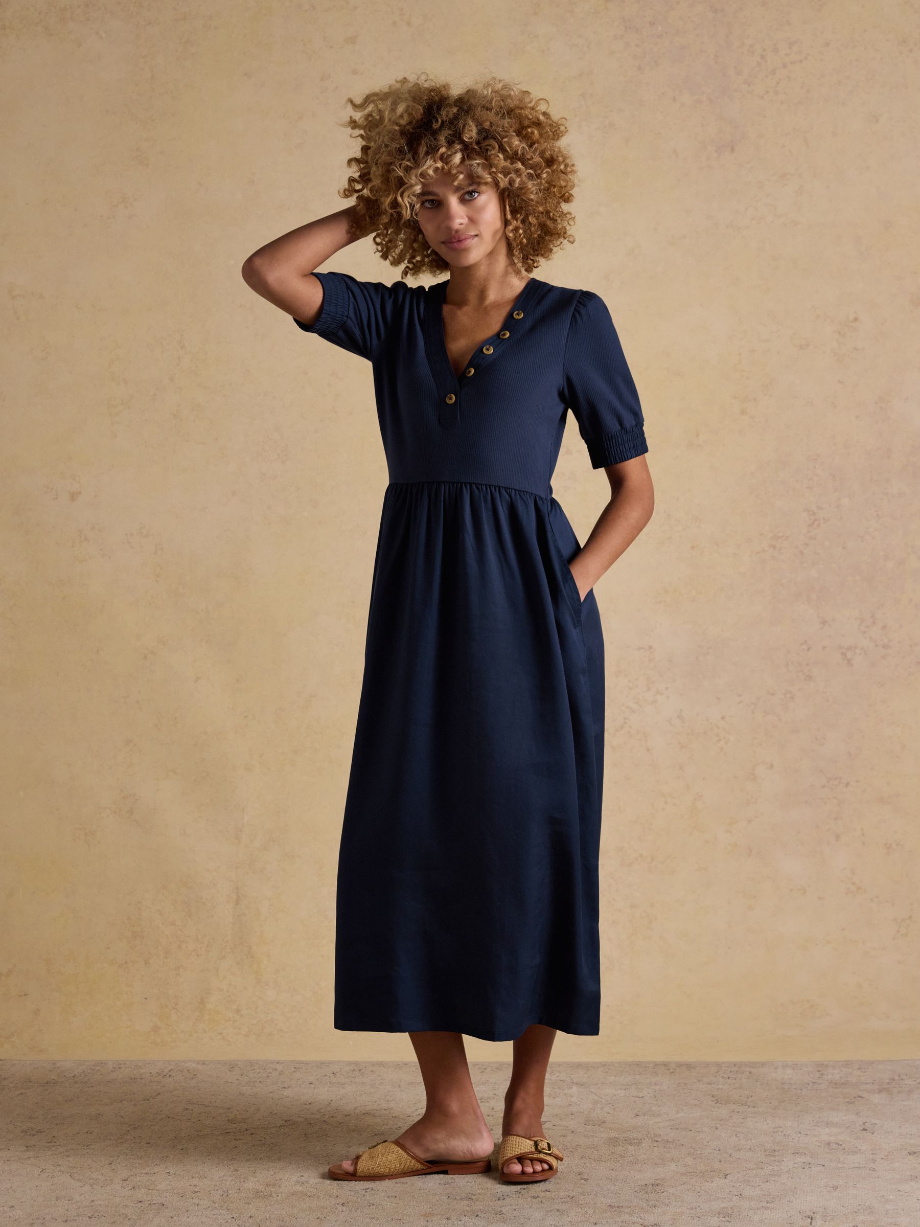 Willow Navy Jersey Woven Midi Dress | Joules