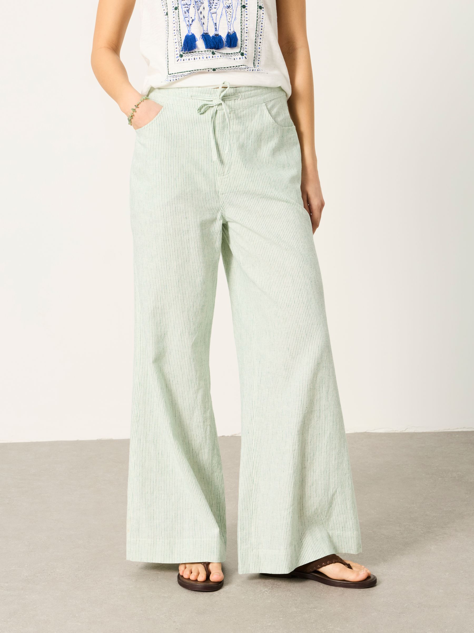 Amberly Teal Blue Stripe Linen Wide Leg Trousers - Image 2 of 7