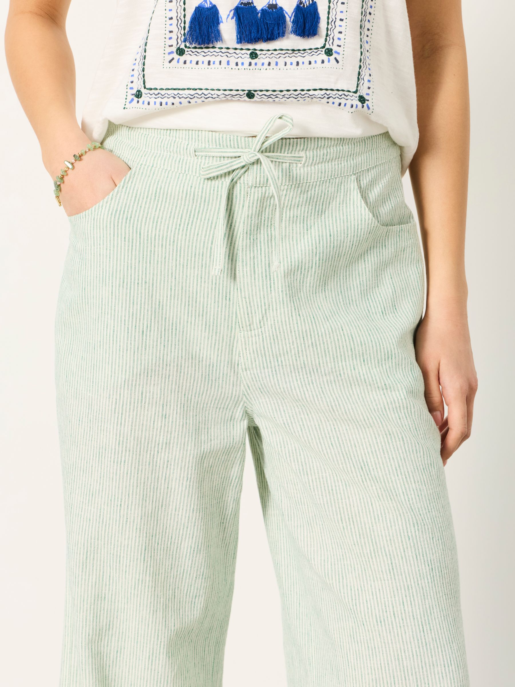 Amberly Teal Blue Stripe Linen Wide Leg Trousers - Image 4 of 7