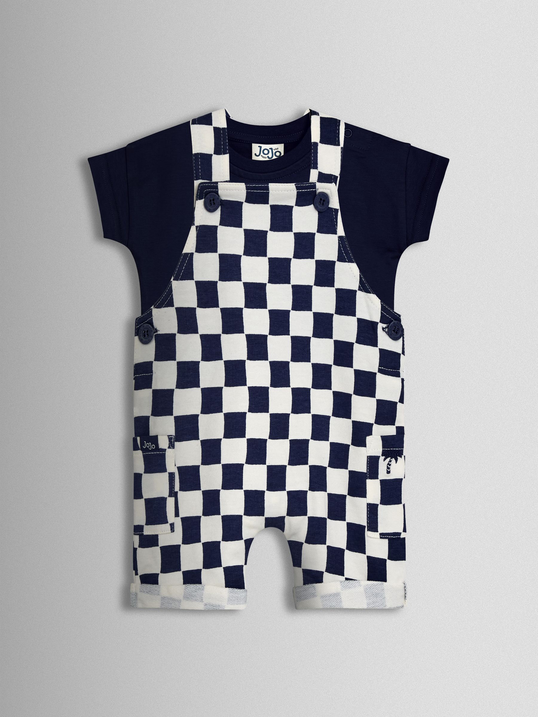 Dark Navy Blue 2-Piece Checkerboard Dungarees & T-Shirt Set - Image 1 of 5