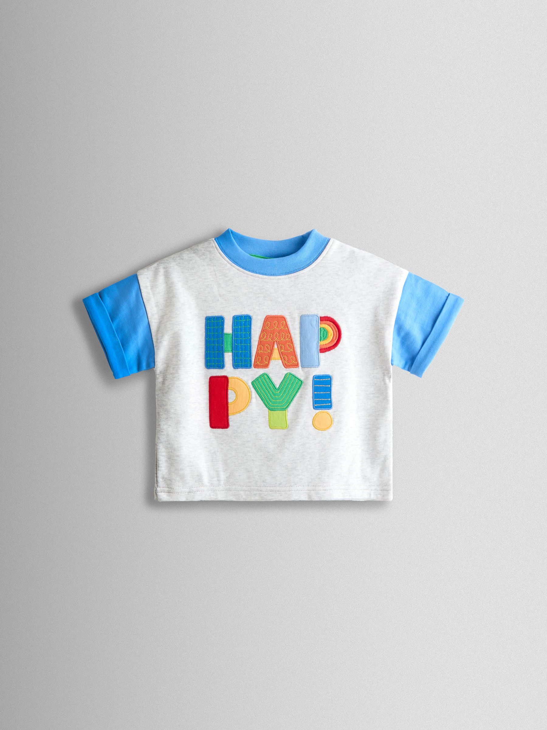 Grey Happy Slogan Appliqué T-Shirt - Image 1 of 3