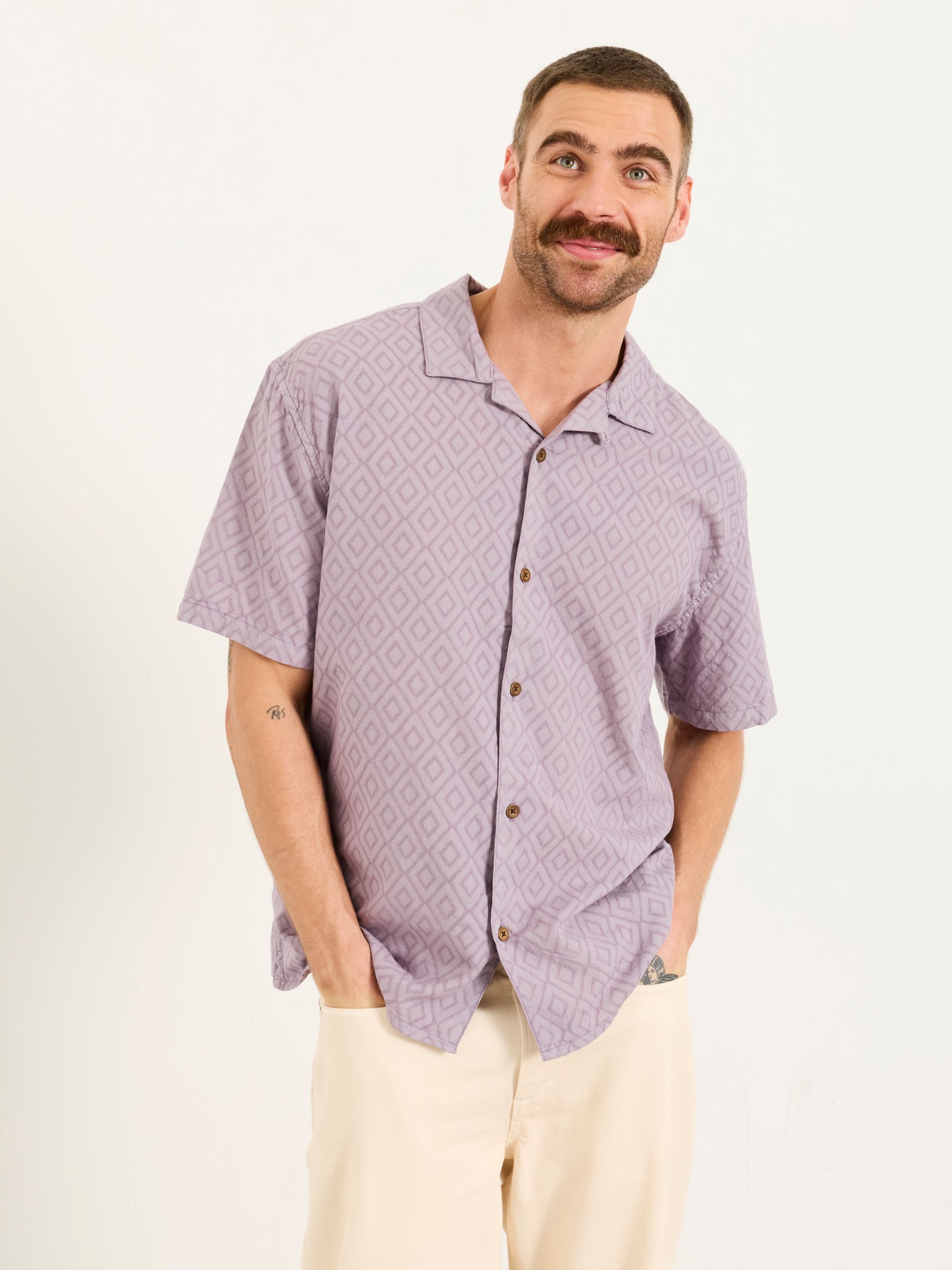 Dusky purple Short Sleeve Relaxed Fit Garment Dye Geo Textured Shirt - Image 1 of 6