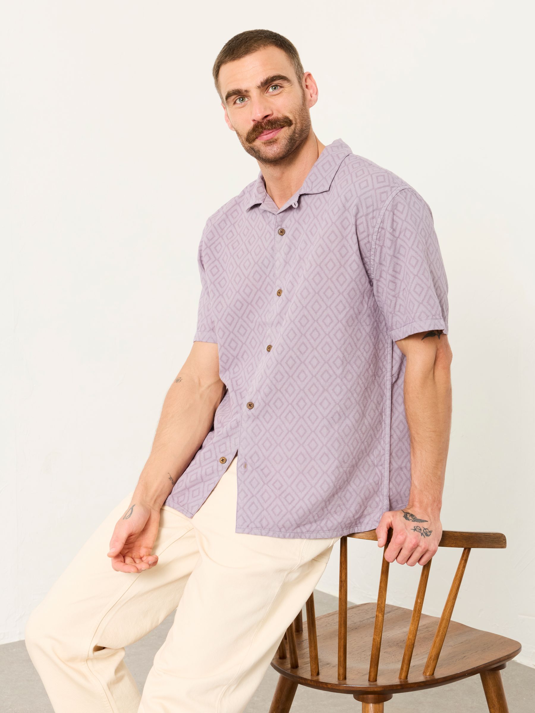 Dusky purple Short Sleeve Relaxed Fit Garment Dye Geo Textured Shirt - Image 5 of 6