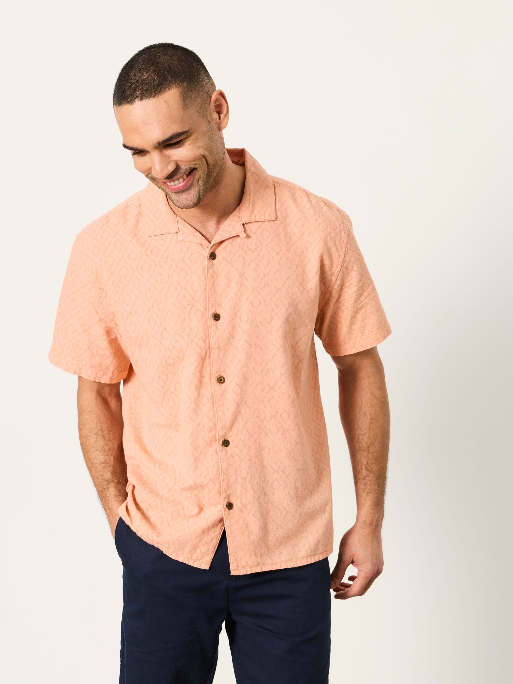 Coral Pink Short Sleeve Relaxed Fit Garment Dye Geo Textured Shirt