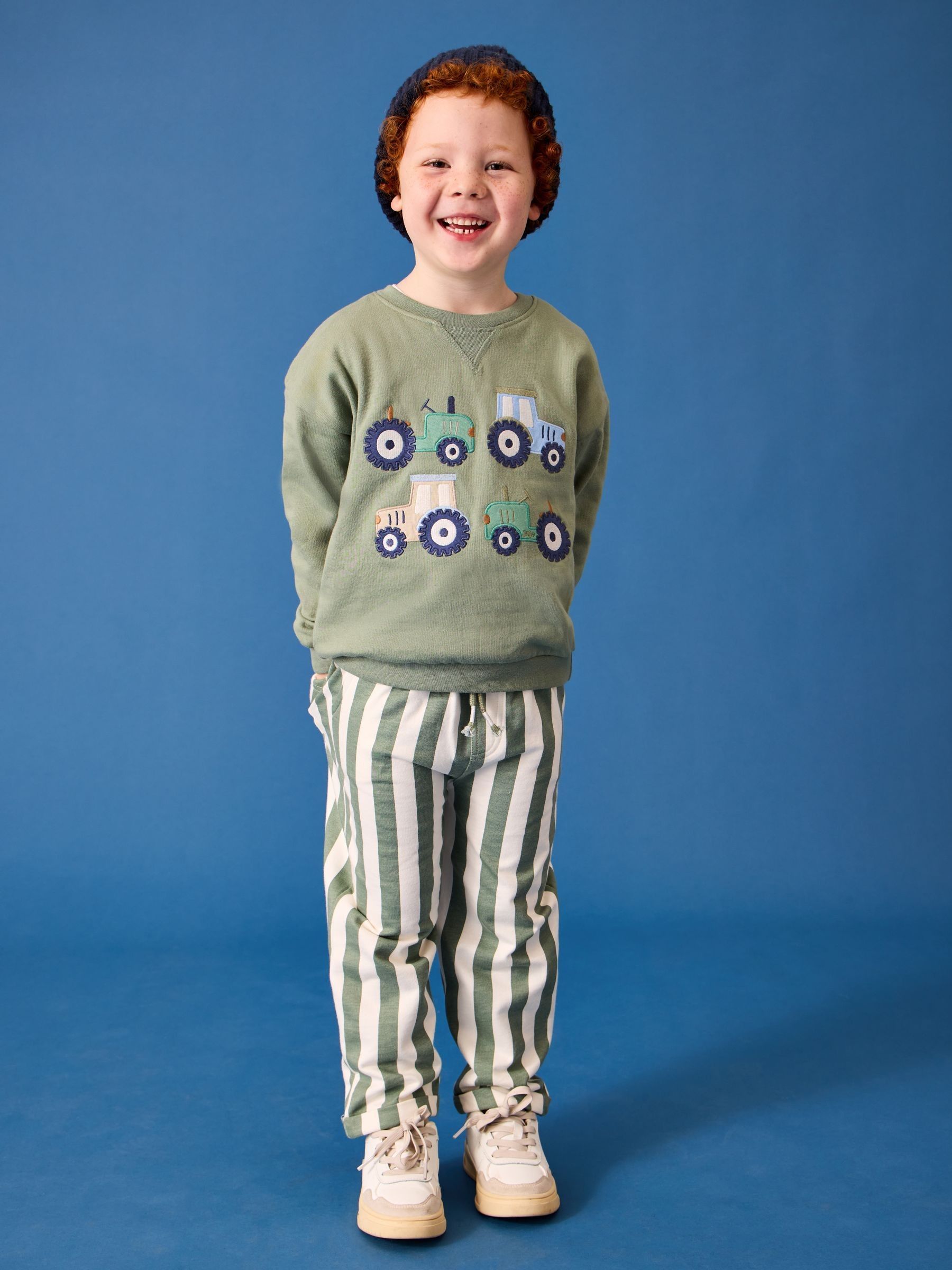 Green Tractor 2-Piece Sweatshirt & Stripe Trouser Set - Image 1 of 3 Green Tractor 2-Piece Sweatshirt & Stripe Trouser Set - Image 1 of 3