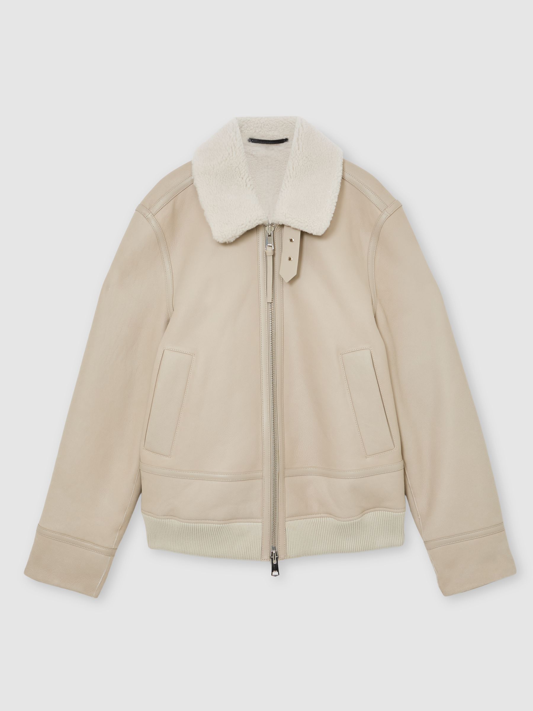 Leather Shearling-Collar Jacket in Light Stone - image 1