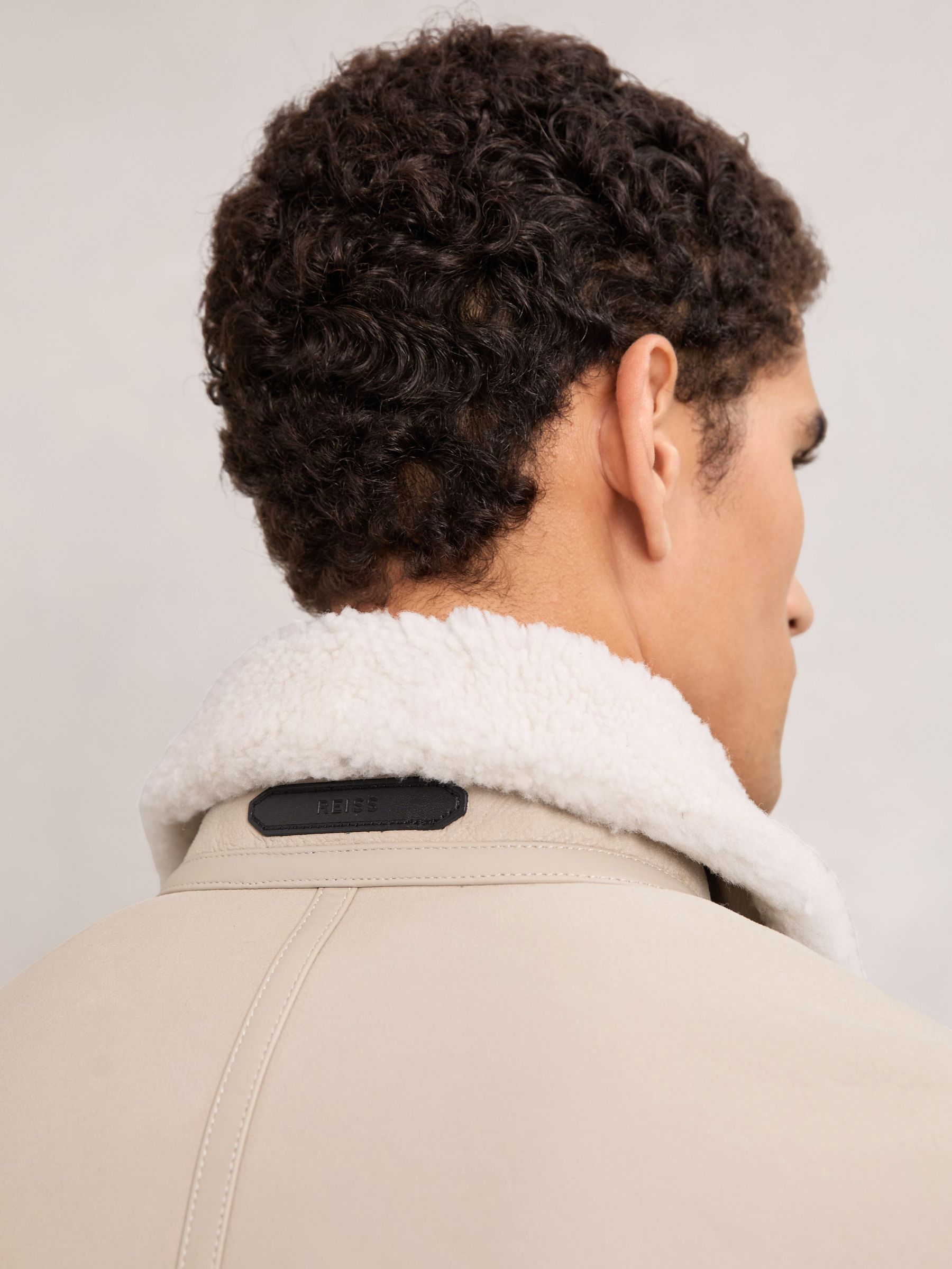 Leather Shearling-Collar Jacket in Light Stone - image 5