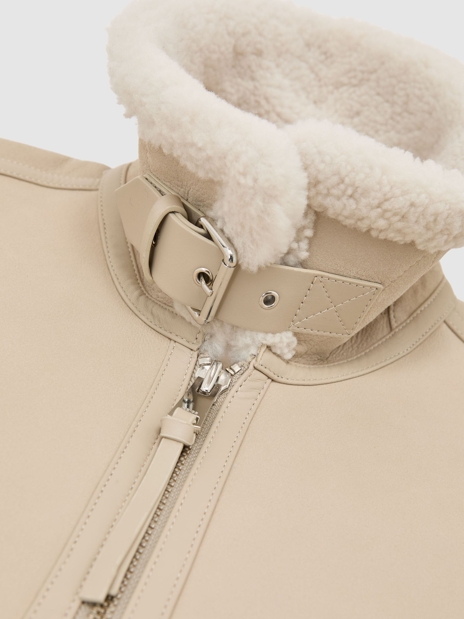Leather Shearling-Collar Jacket in Light Stone - image 2