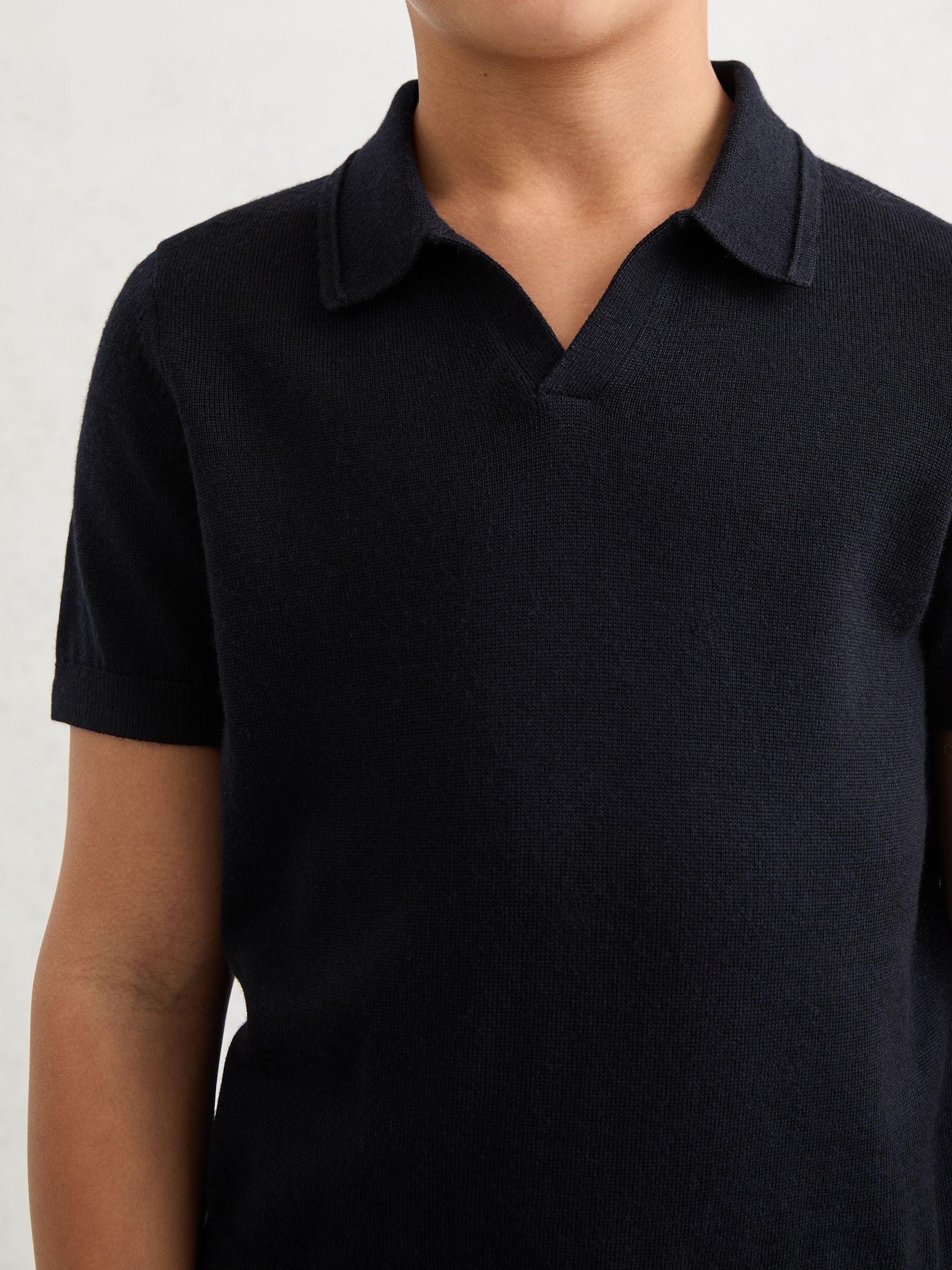 Merino Wool Open-Collar Polo Shirt in Navy - Image 4 of 5