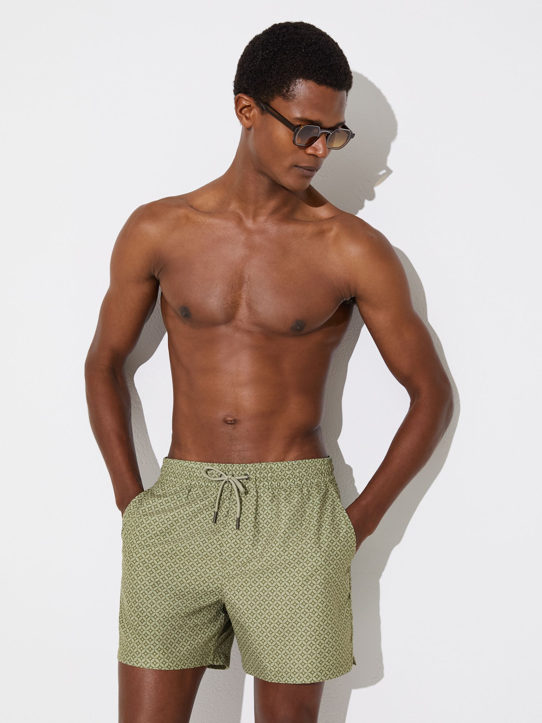 Geometric-Print Swim Shorts in Sage Green - Image 1 of 6