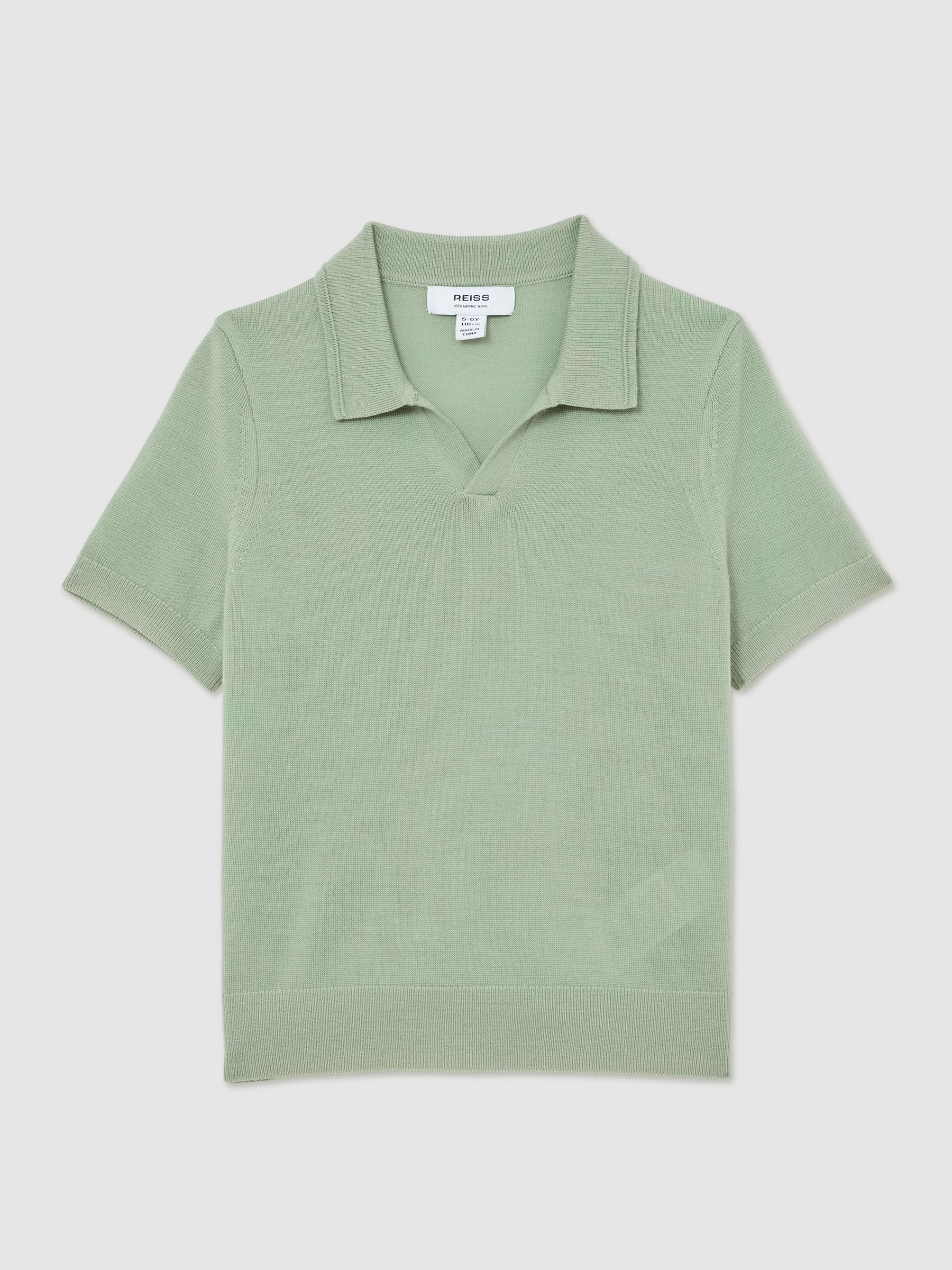 Merino Wool Open-Collar Polo Shirt in Light Sage Green - Image 2 of 4 Merino Wool Open-Collar Polo Shirt in Light Sage Green - Image 2 of 4