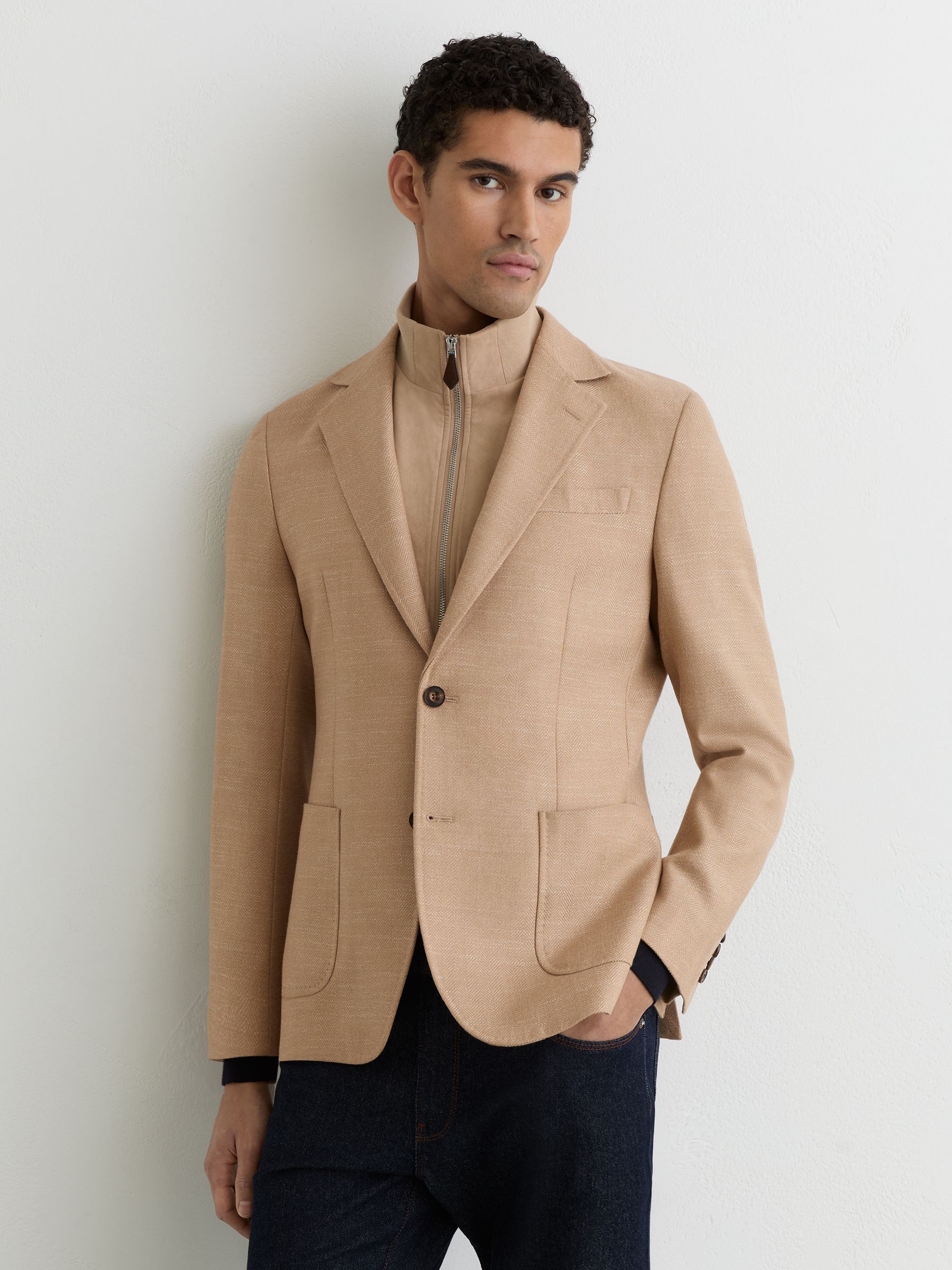 Wool-Blend Gilet-Insert Single-Breasted Blazer in Camel - Image 1 of 7