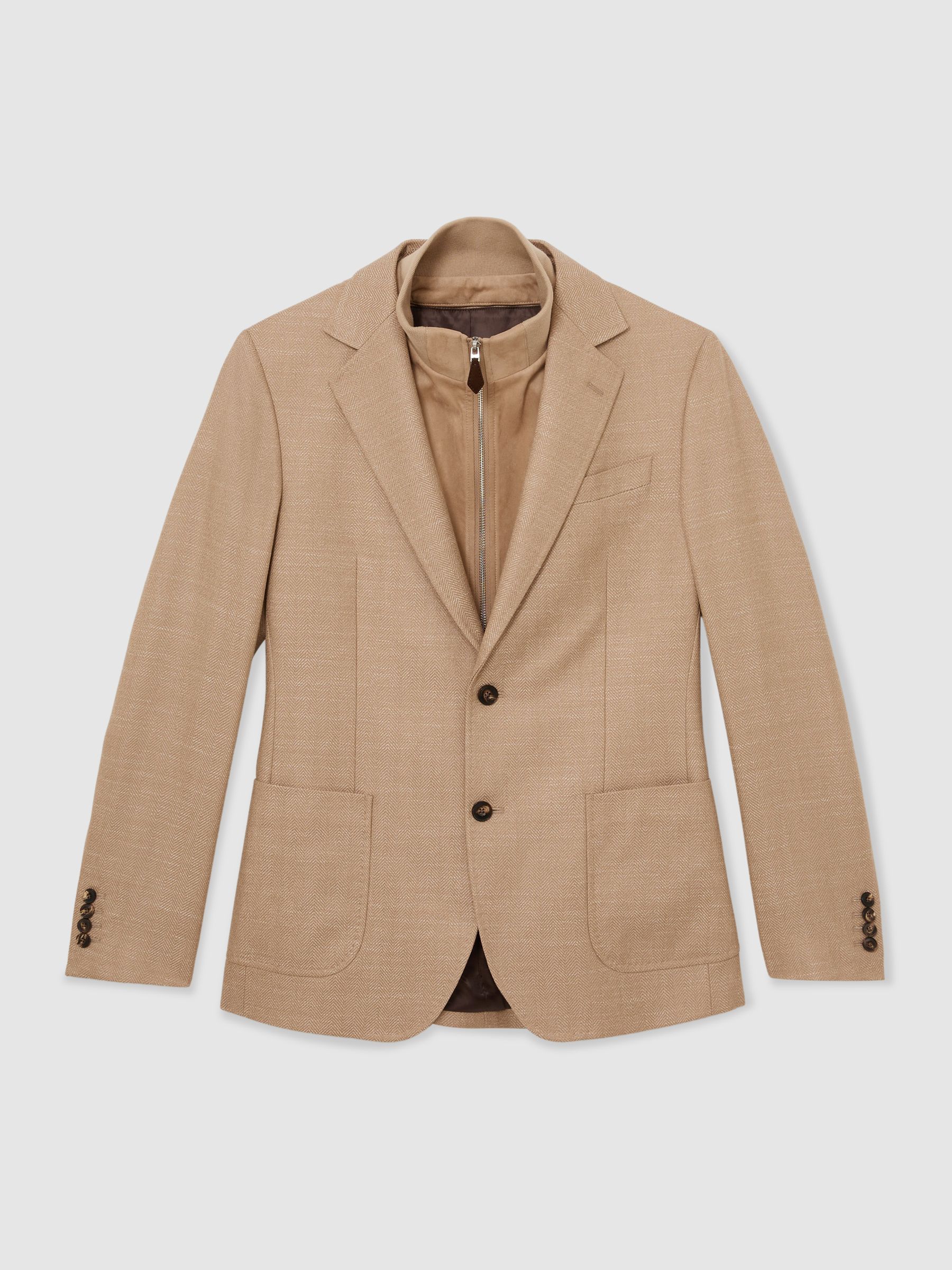 Wool-Blend Gilet-Insert Single-Breasted Blazer in Camel