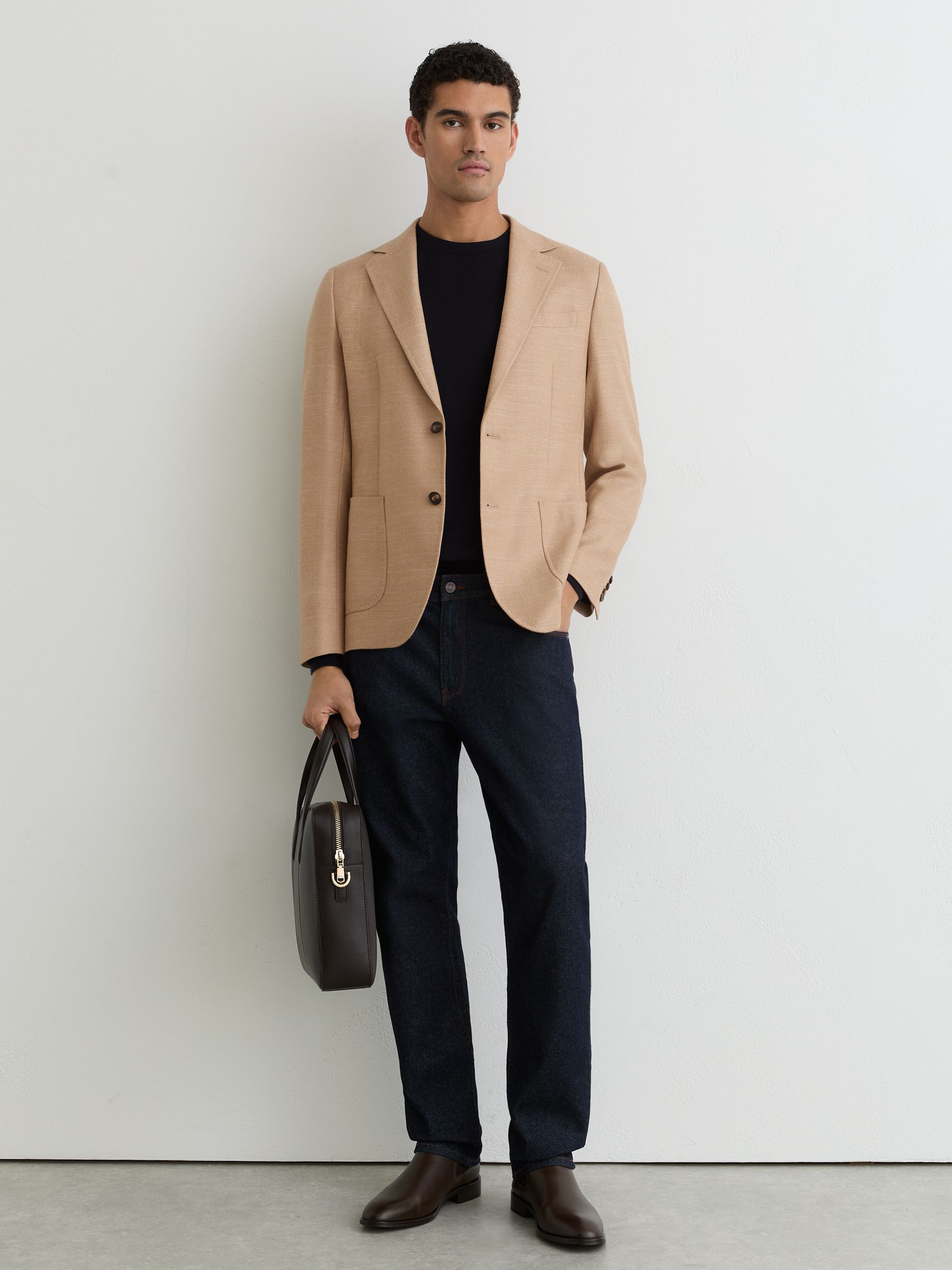 Wool-Blend Gilet-Insert Single-Breasted Blazer in Camel - Image 3 of 7