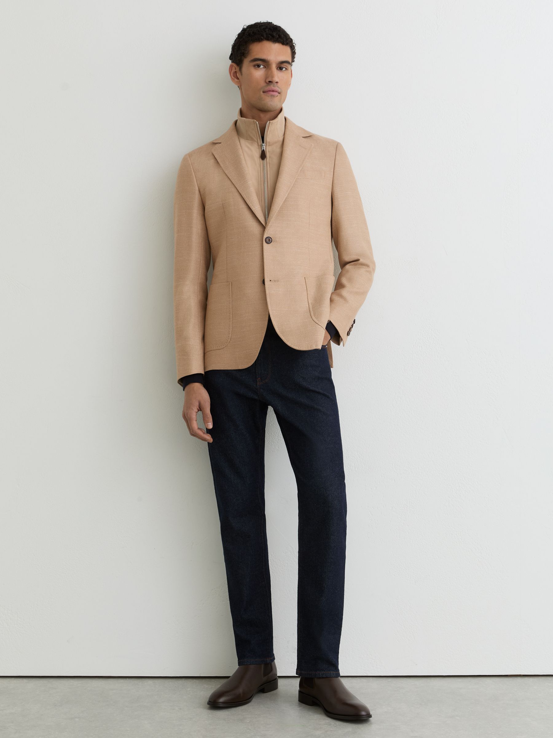 Wool-Blend Gilet-Insert Single-Breasted Blazer in Camel - Image 6 of 7