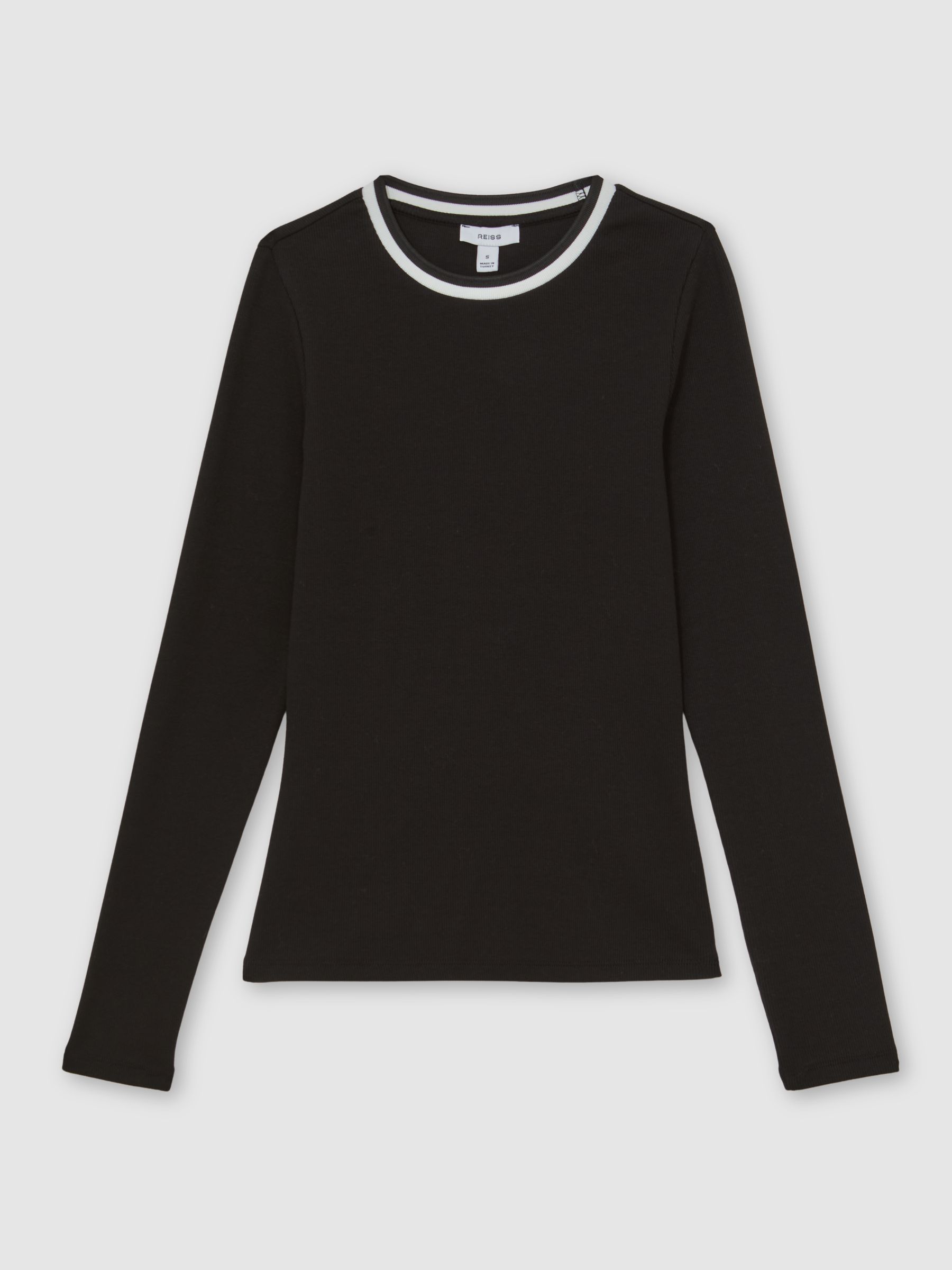 Cotton Rib Tipped Long-Sleeve T-Shirt in Black/White - Image 2 of 5