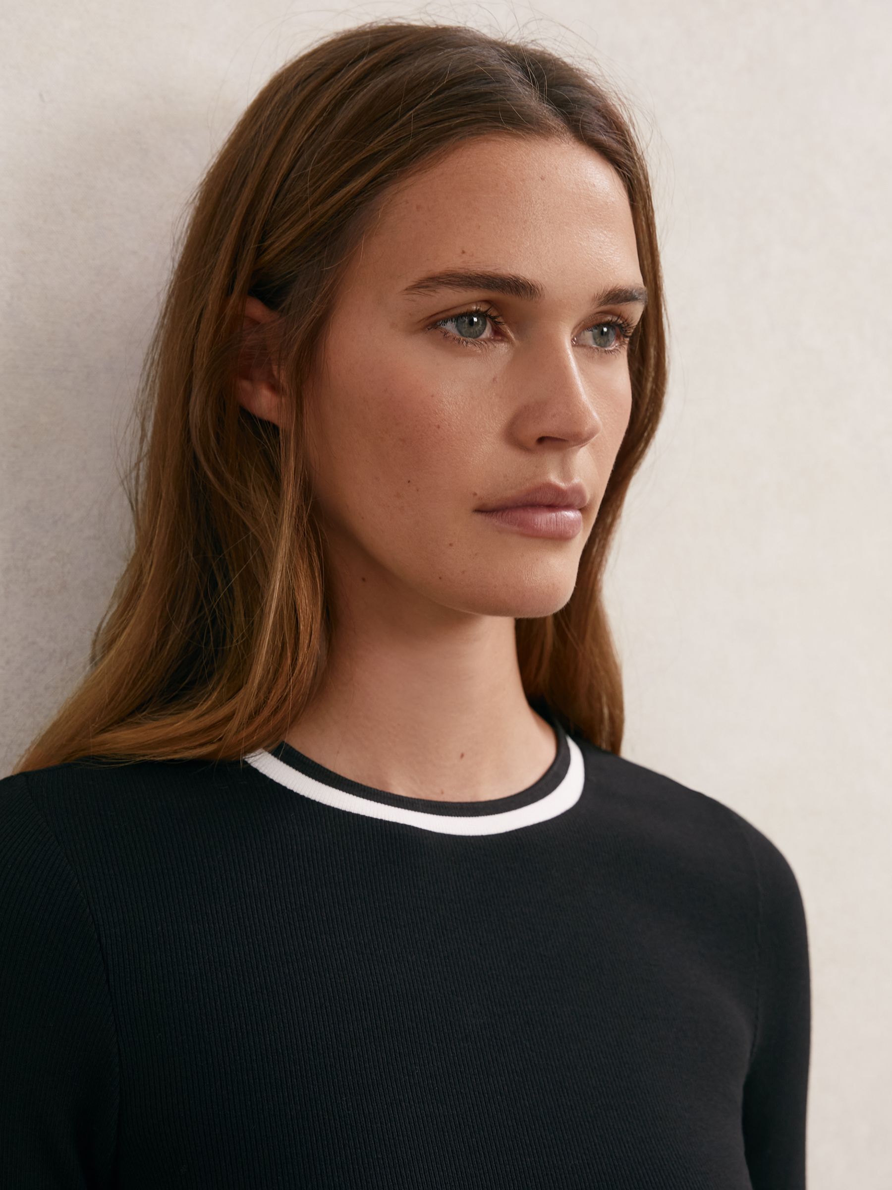 Cotton Rib Tipped Long-Sleeve T-Shirt in Black/White - Image 3 of 5