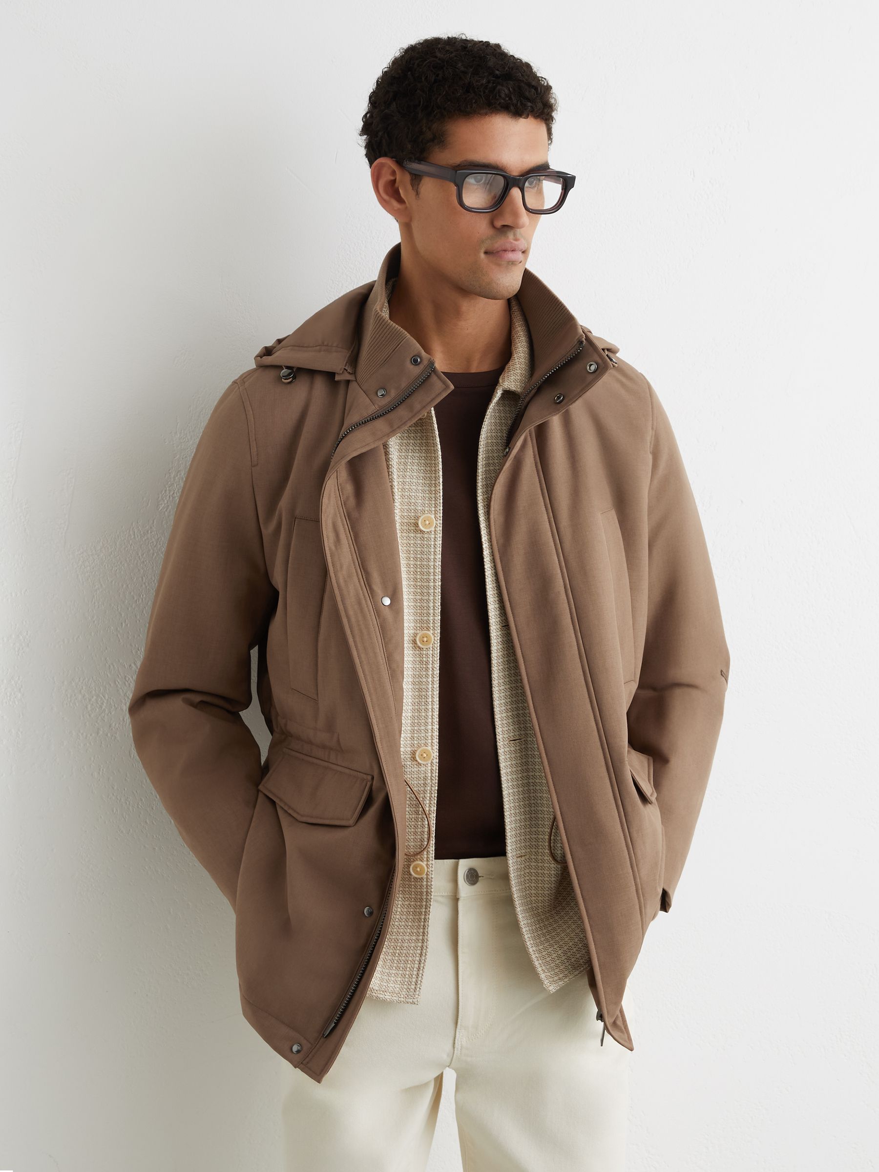 Hooded Zip-Through Padded Coat in Light Brown - Image 1 of 6