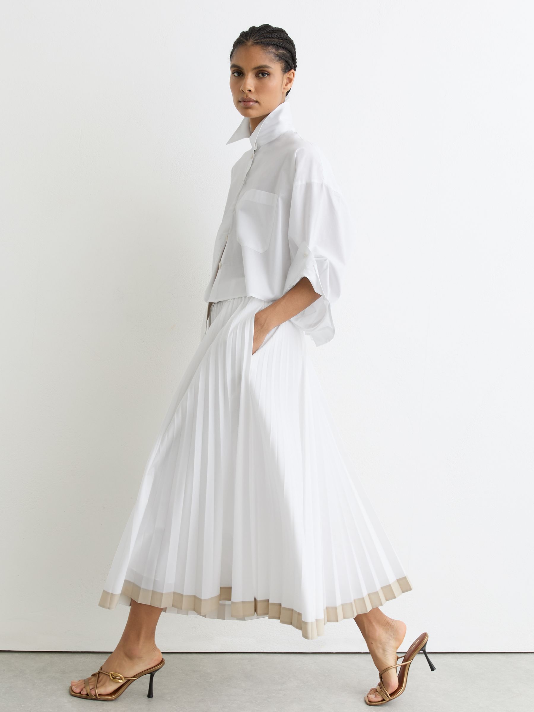 Pleated Belted Midi Skirt with Cotton in Ivory - image 2