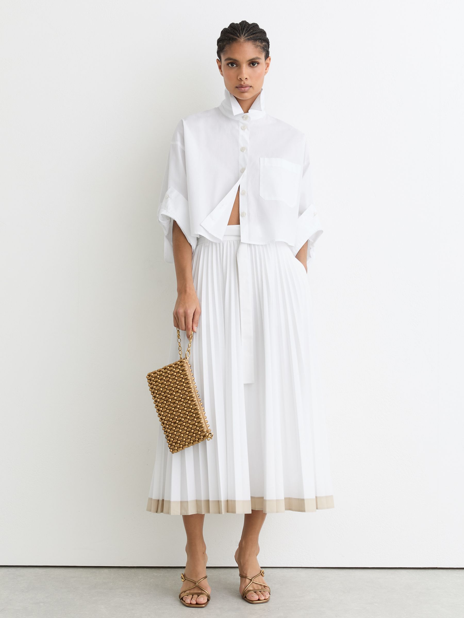 Pleated Belted Midi Skirt with Cotton in Ivory - image 4