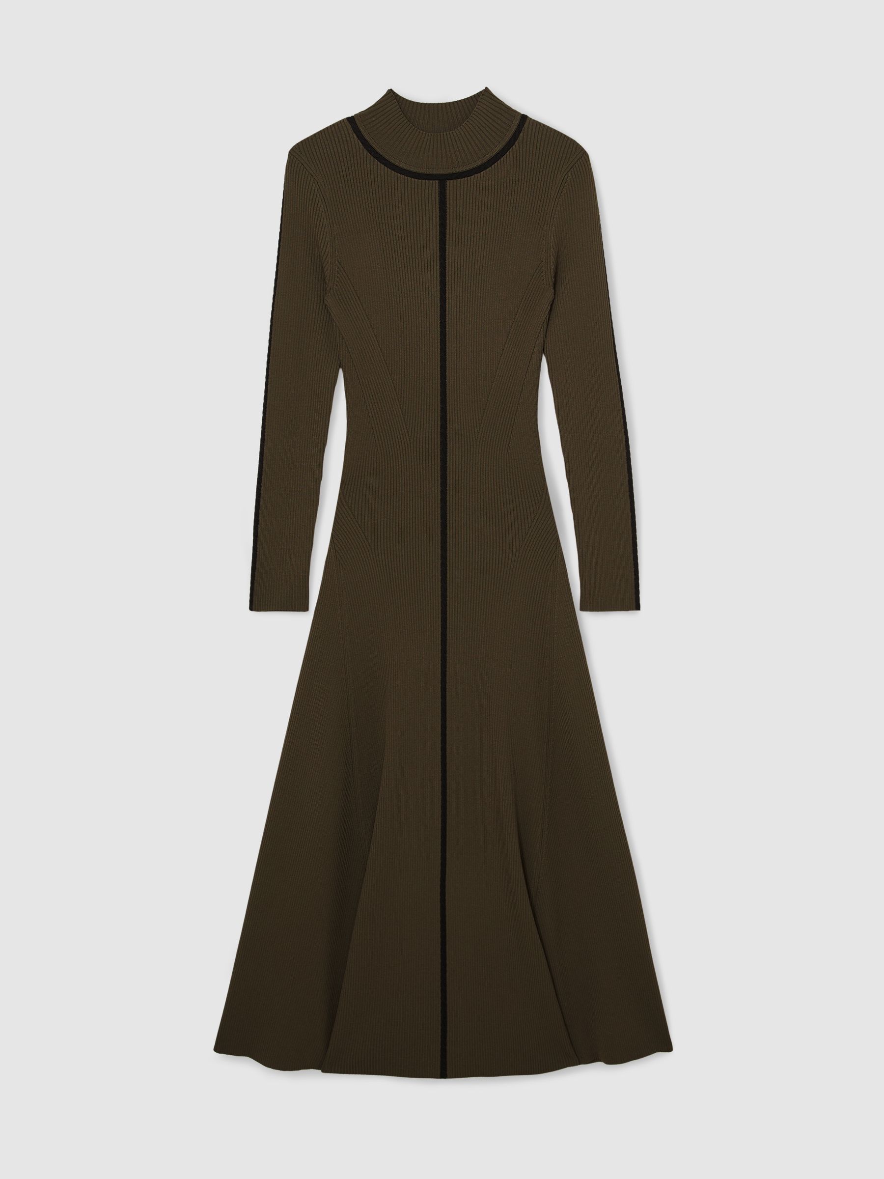 Contrast-Stitch Knitted Midi Dress in Khaki Green - Image 2 of 6