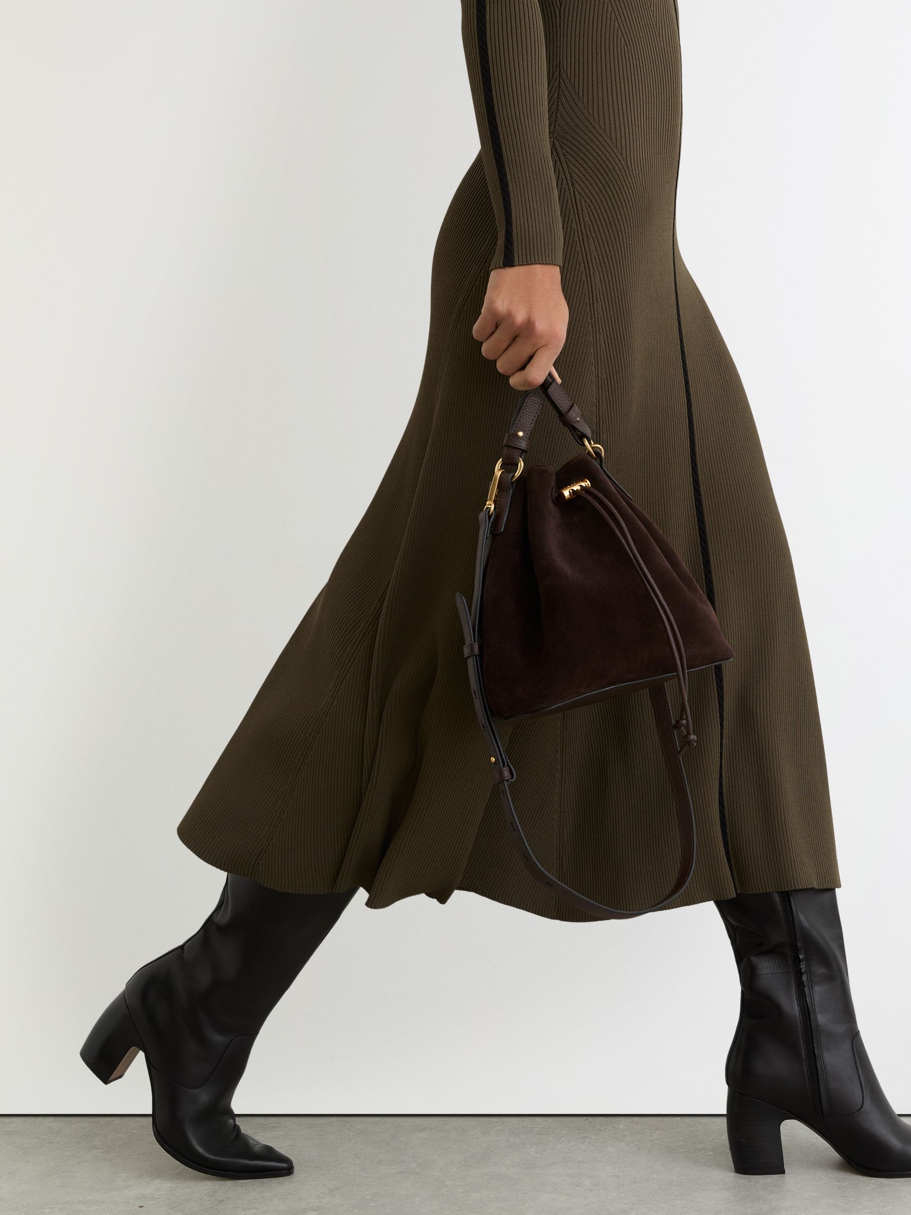 Contrast-Stitch Knitted Midi Dress in Khaki Green - Image 3 of 6