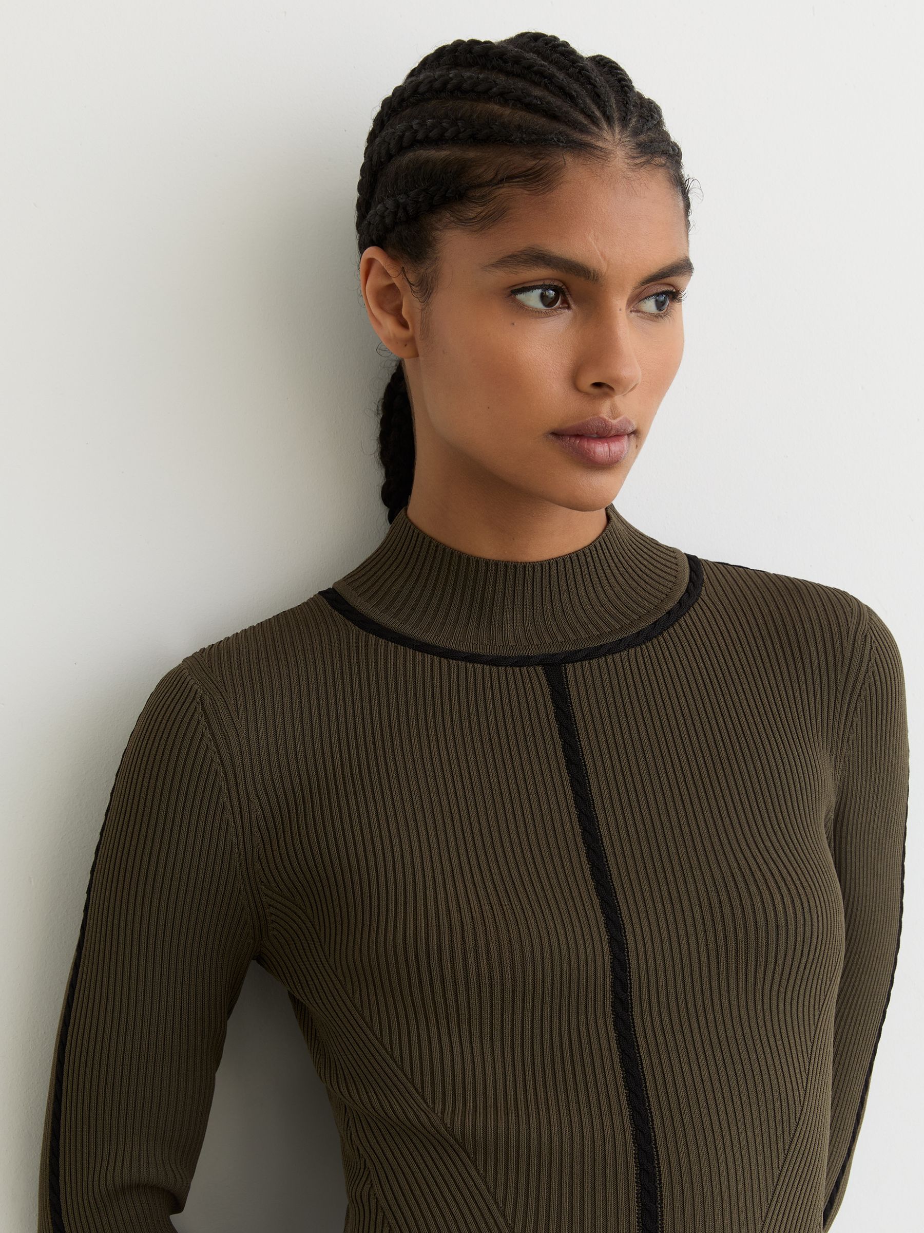 Contrast-Stitch Knitted Midi Dress in Khaki Green - Image 4 of 6