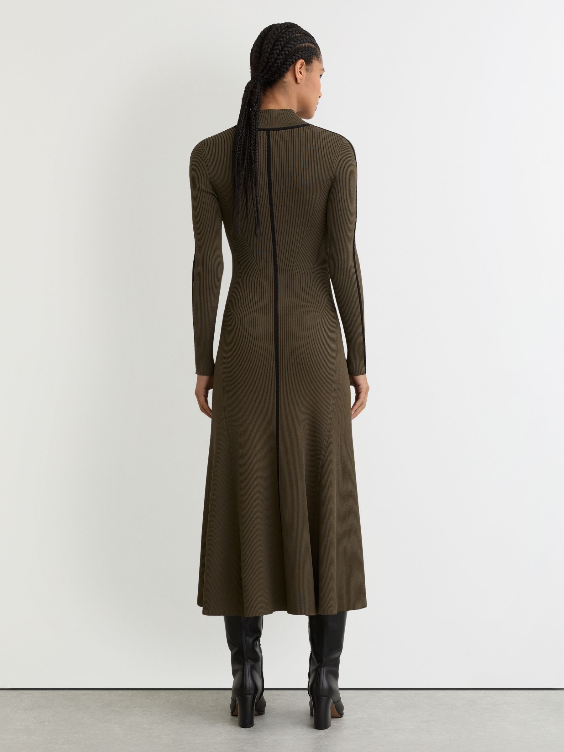 Contrast-Stitch Knitted Midi Dress in Khaki Green - Image 5 of 6
