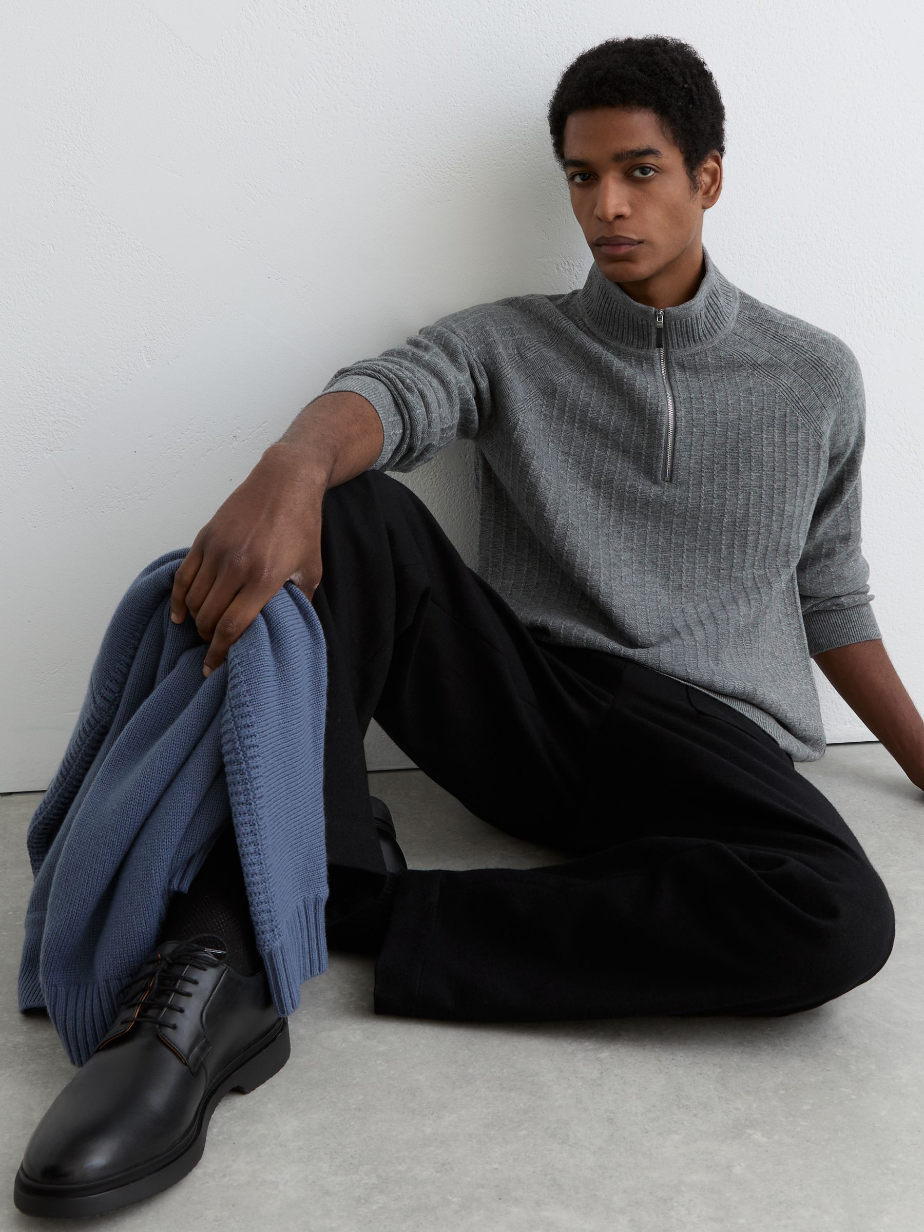 Textured-Knit Half-Zip Jumper with Wool in Grey Melange - image 5