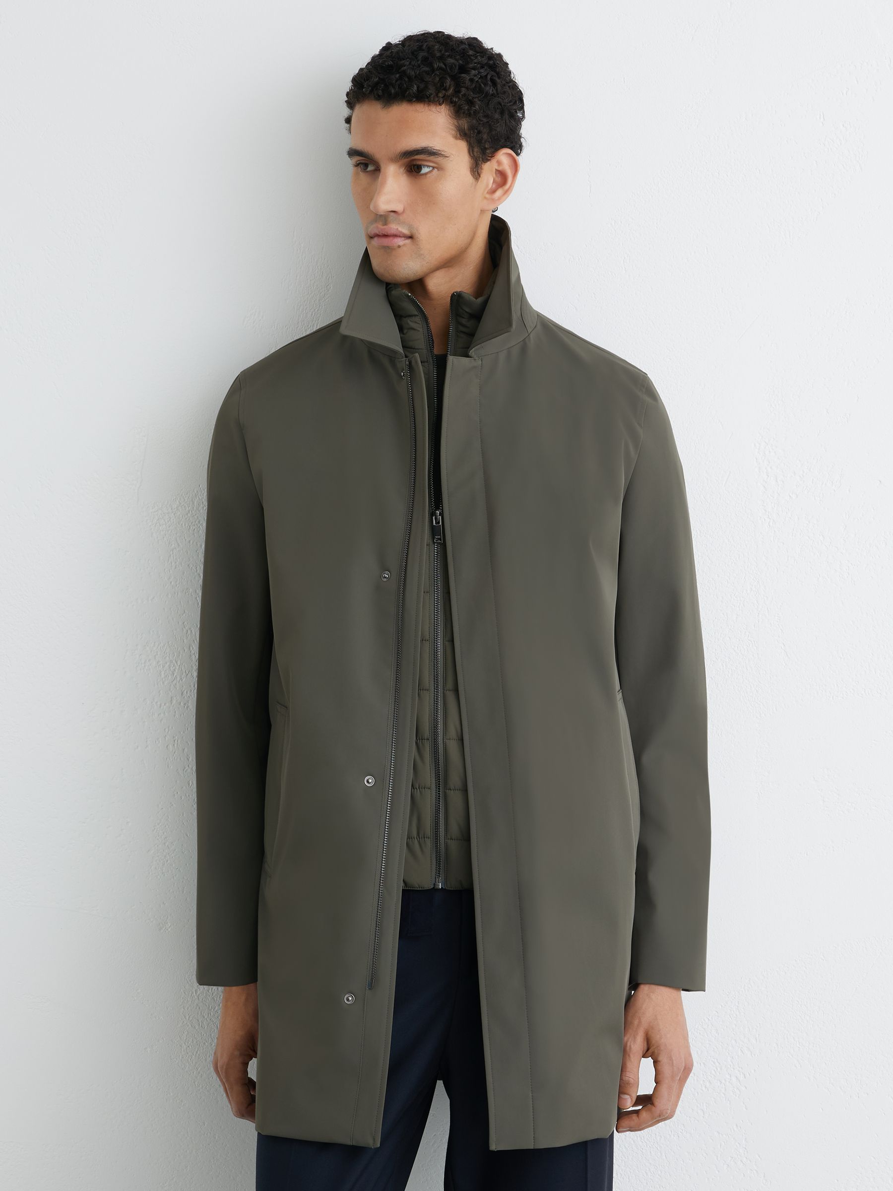 Hybrid Removable Funnel Neck Overcoat in Khaki Green - image 2