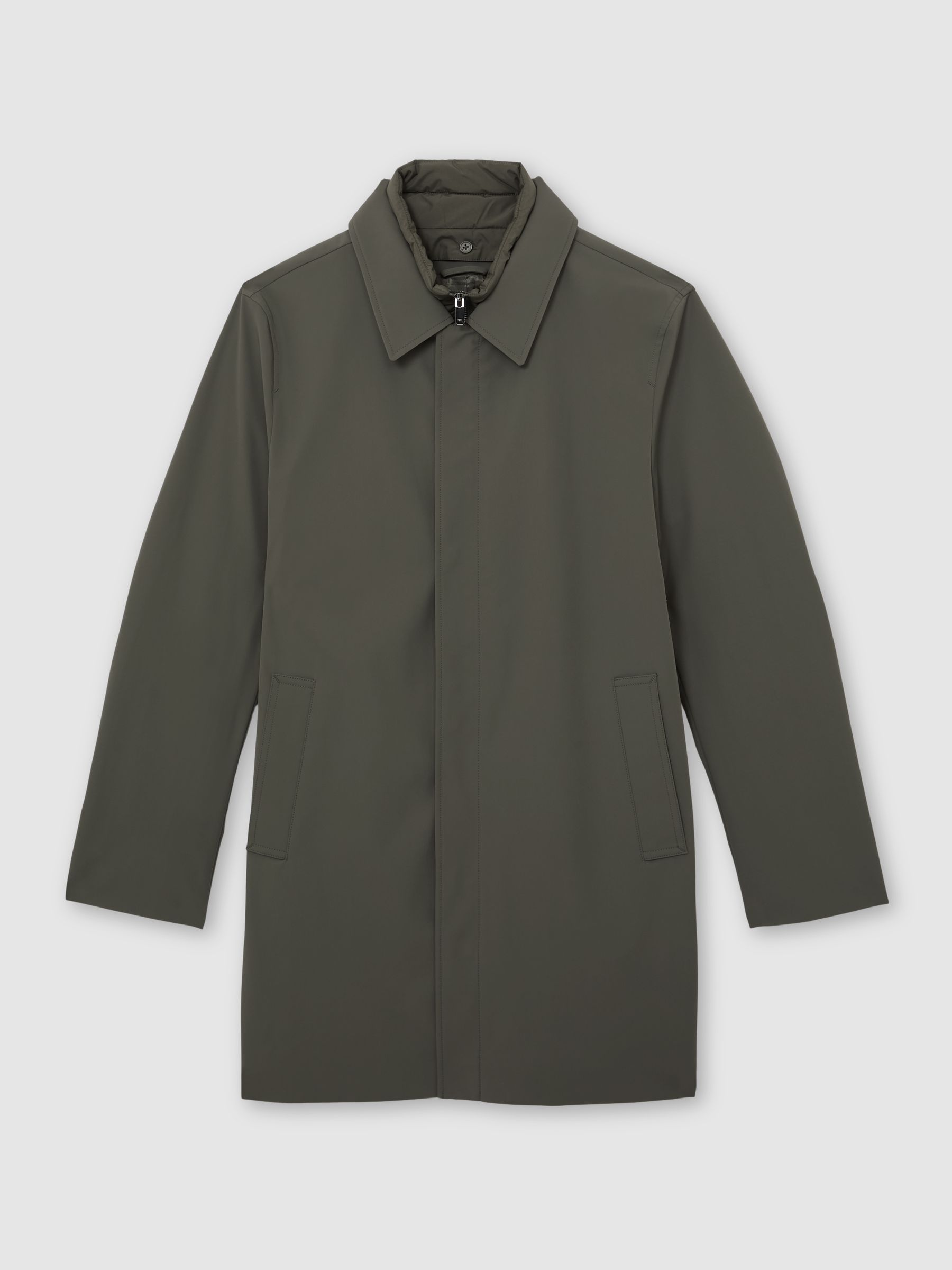 Hybrid Removable Funnel Neck Overcoat in Khaki Green - image 1