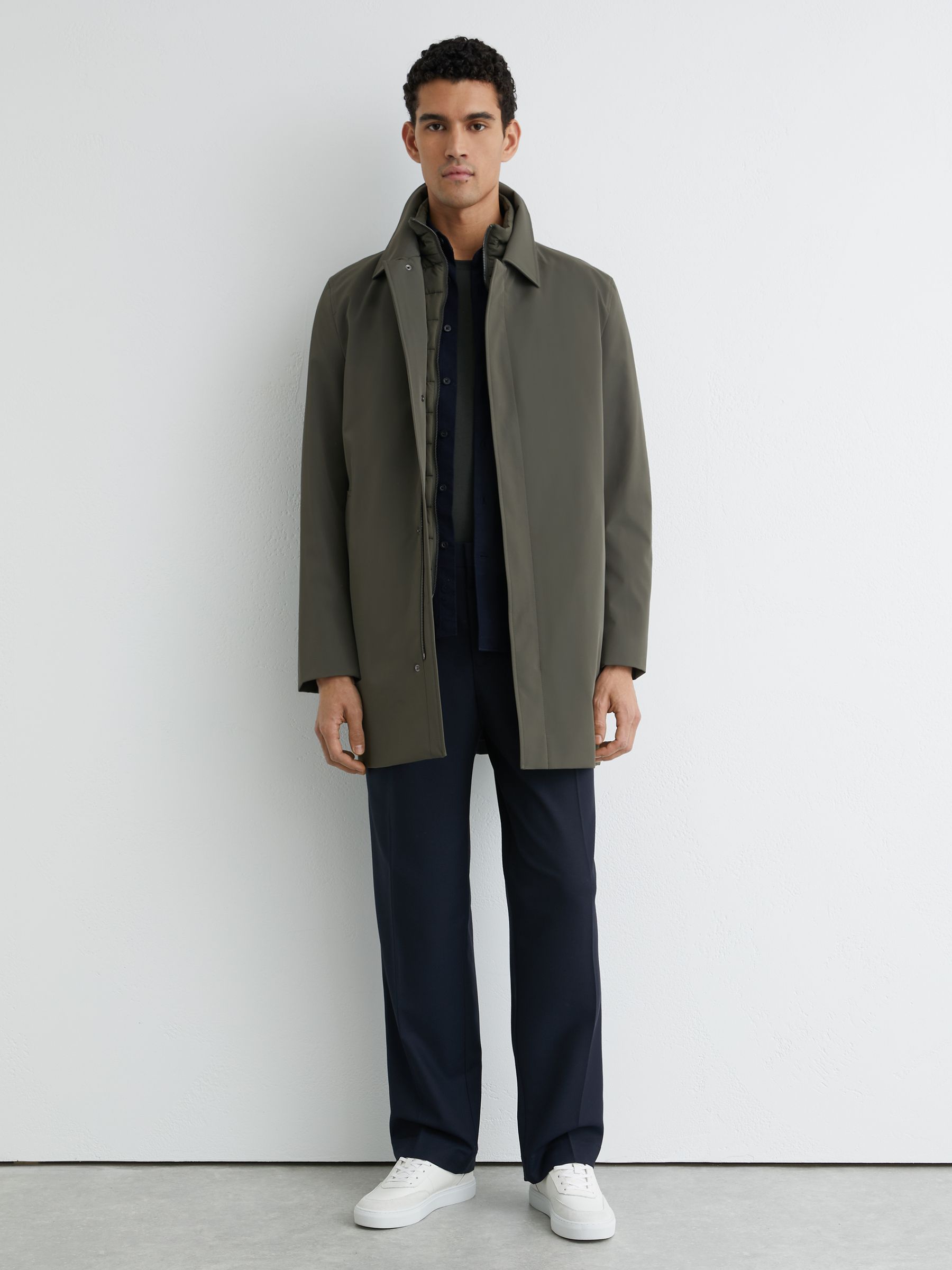 Hybrid Removable Funnel Neck Overcoat in Khaki Green - image 5