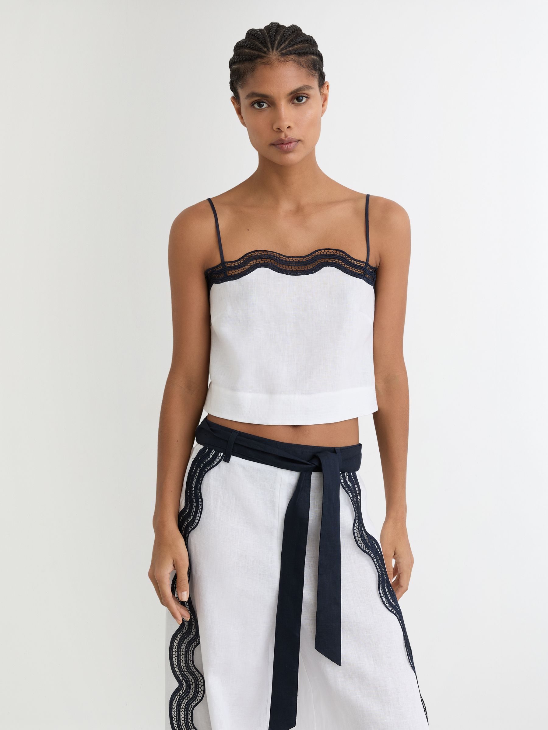 Linen Scallop-Trim Cami Top in Ivory/Navy - image 2