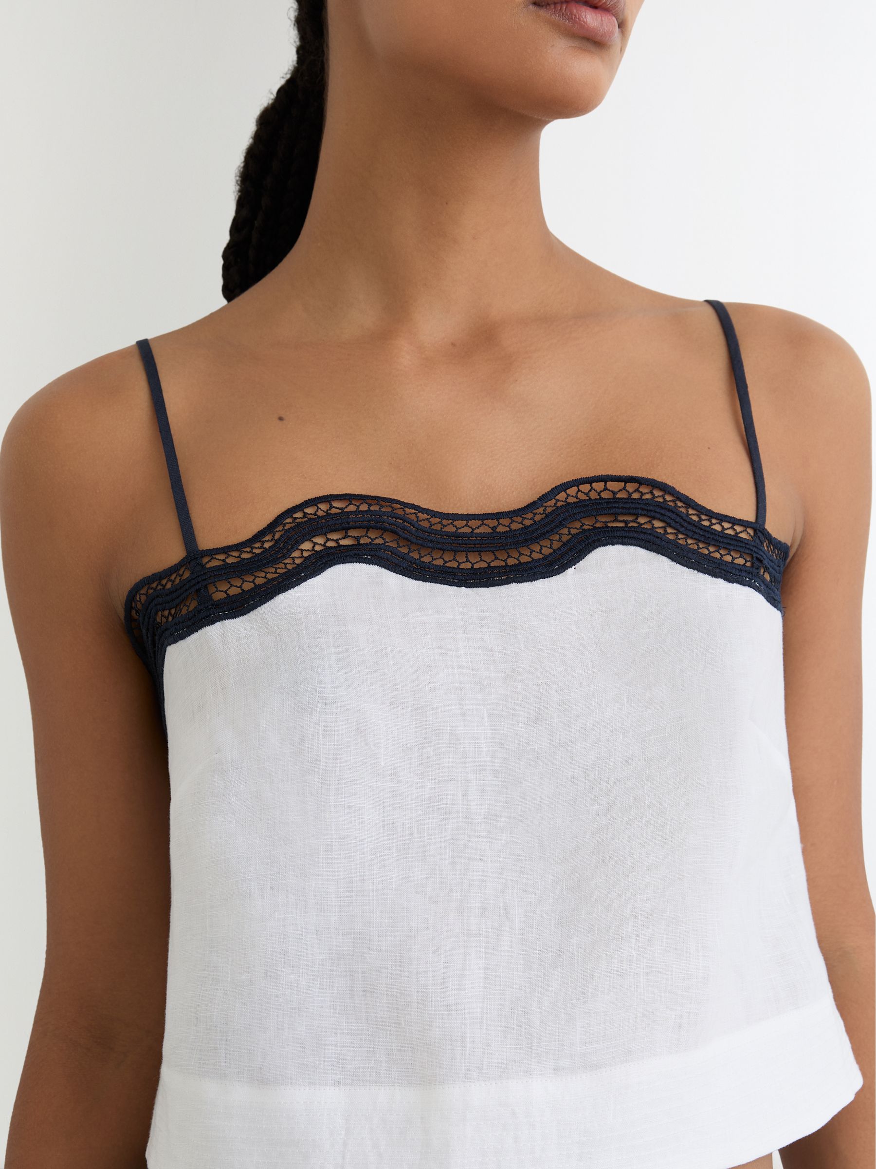 Linen Scallop-Trim Cami Top in Ivory/Navy - image 3