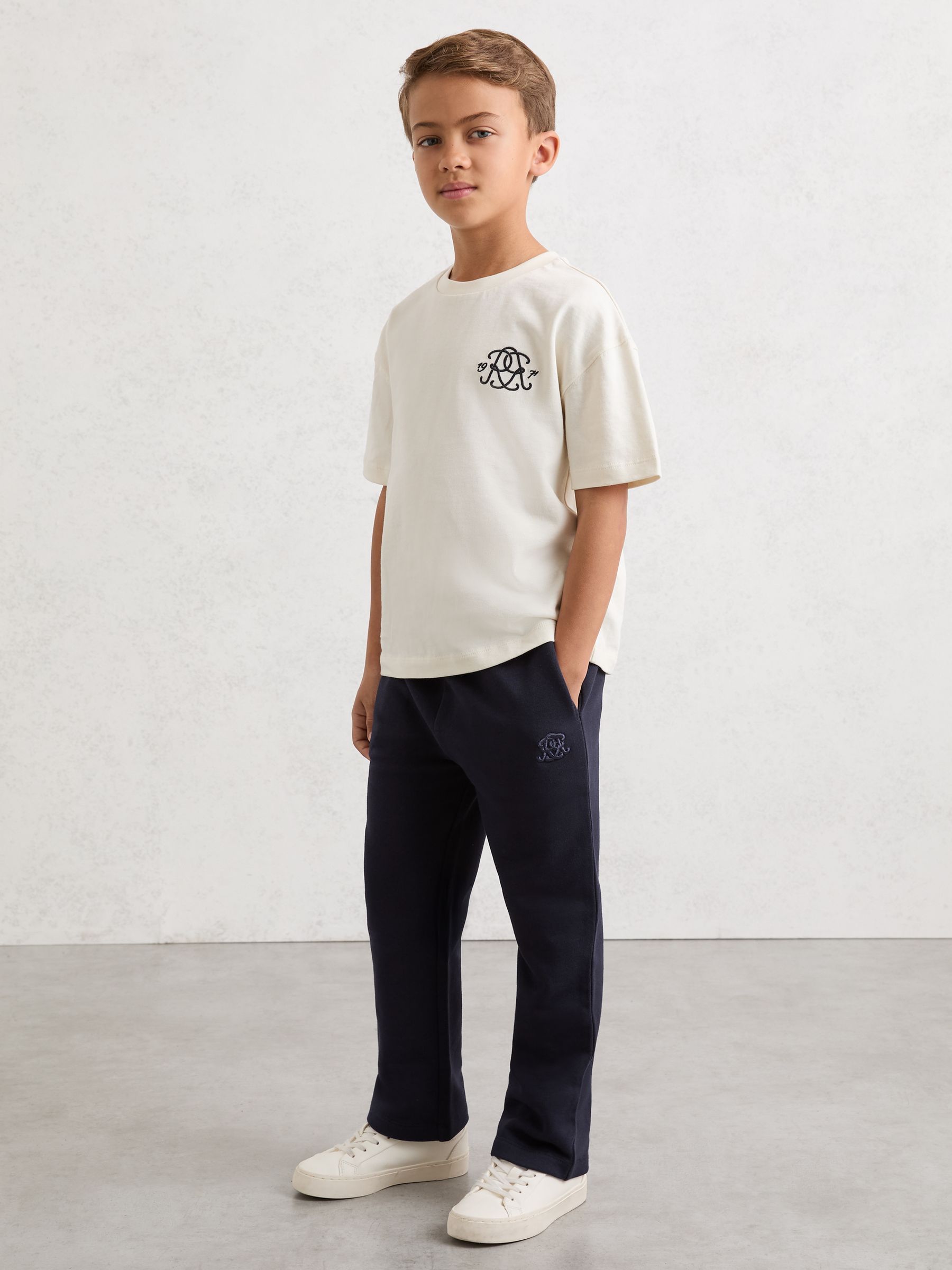 3-9 yrs Monogram Embroidered Cotton Joggers in Navy Blue - Image 1 of 6