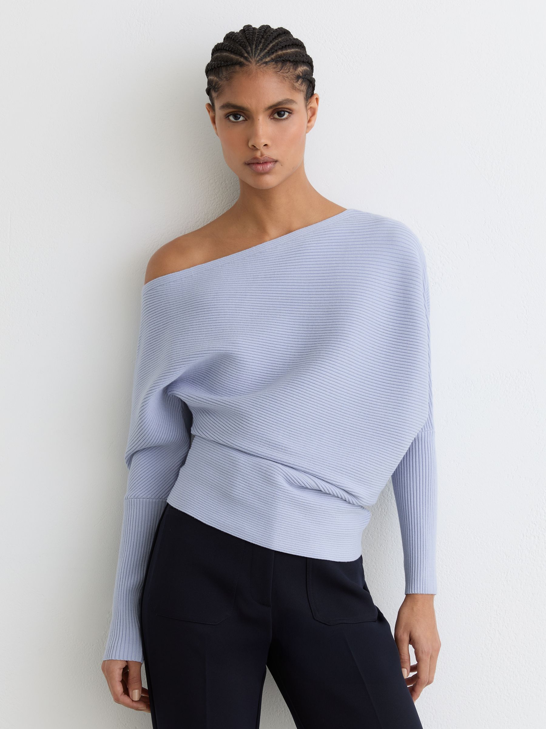 Asymmetric Drape Knitted Top in Blue