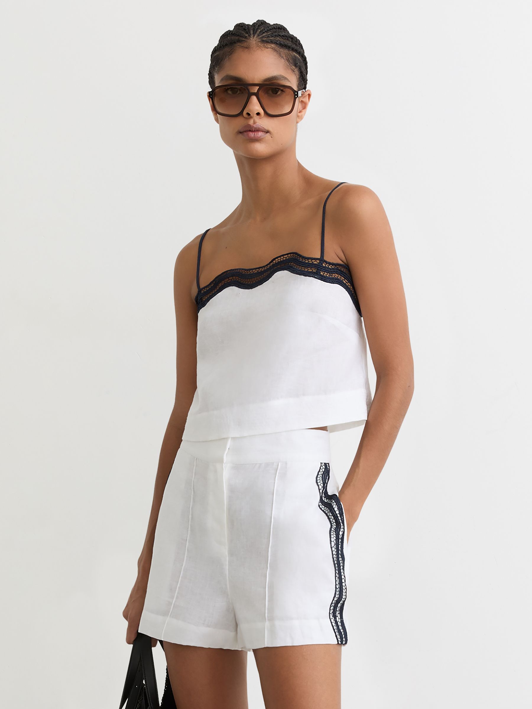 Linen Scallop-Trim Shorts in Ivory/Navy - Image 1 of 6