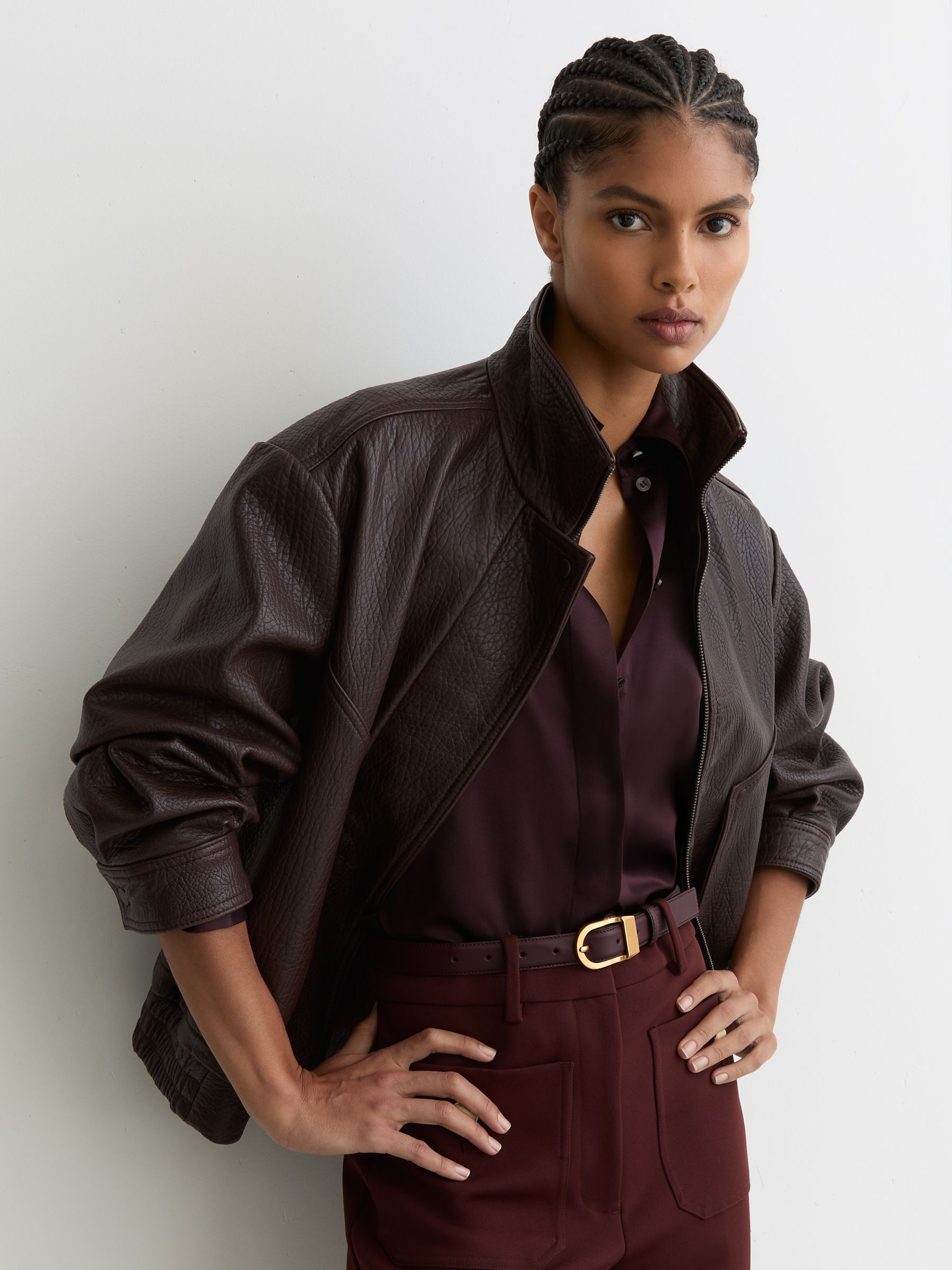 Leather Curved-Buckle Belt in Burgundy - Image 3 of 5